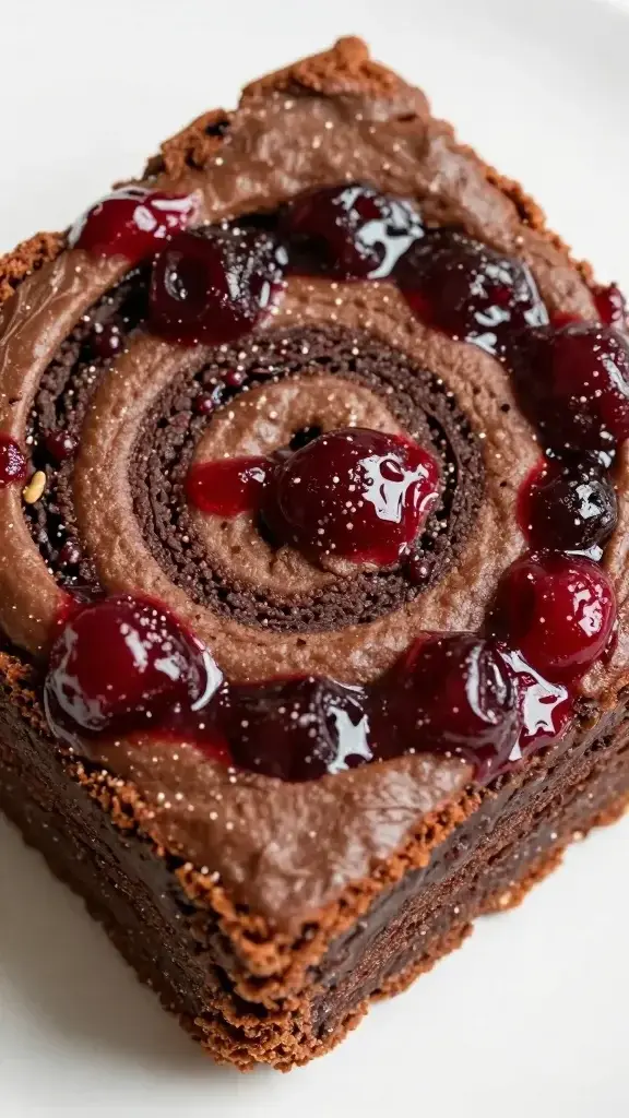 brownie swirl with cherry compote, macro food photography