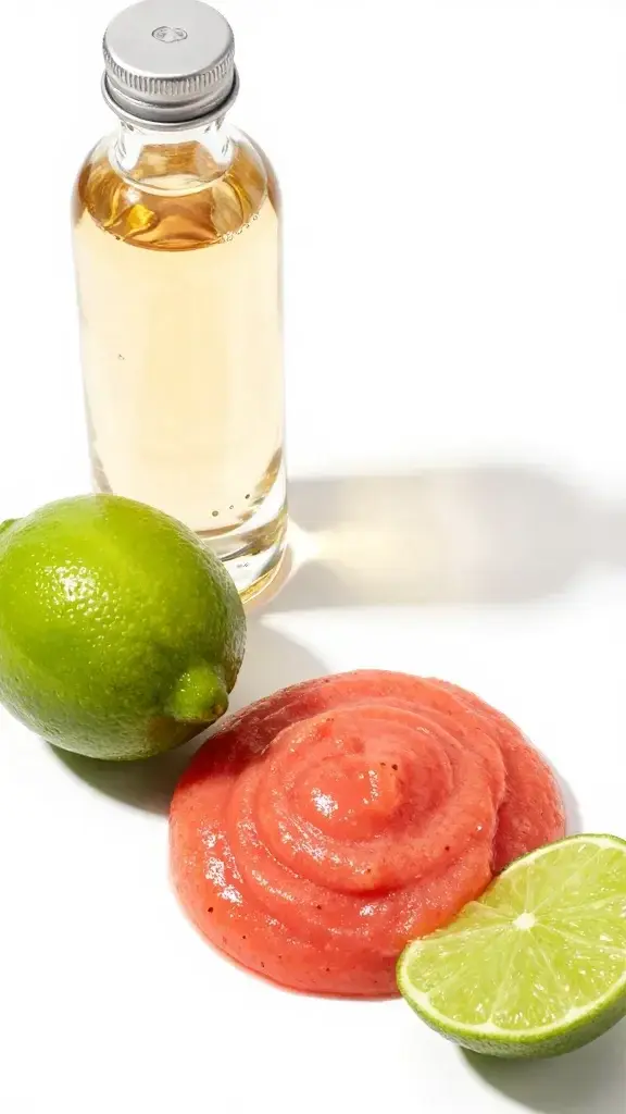 tequila, fresh lime, guava puree on white backdrop, overhead