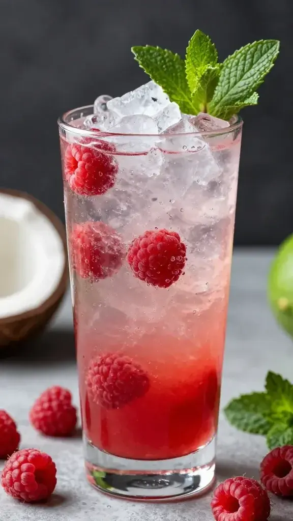 Raspberry coconut mojito in highball, crushed ice, mint garnish
