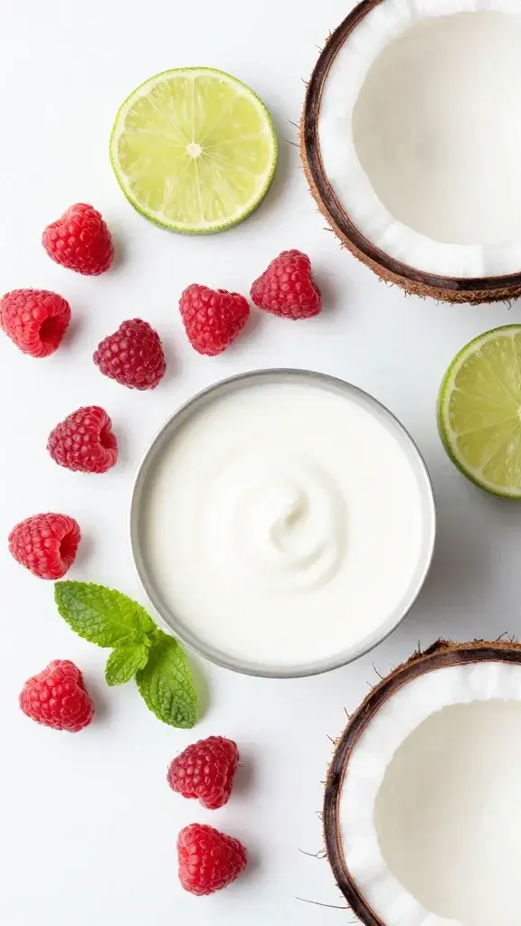 Fresh raspberries, lime wedges, mint, and coconut cream flatlay