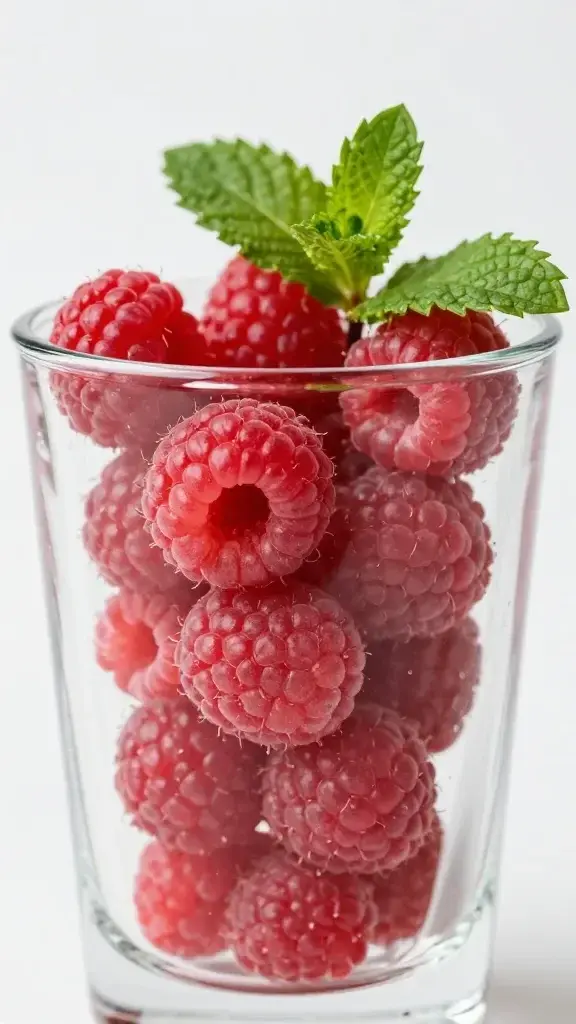 Close-up muddling raspberries and mint in clear glass