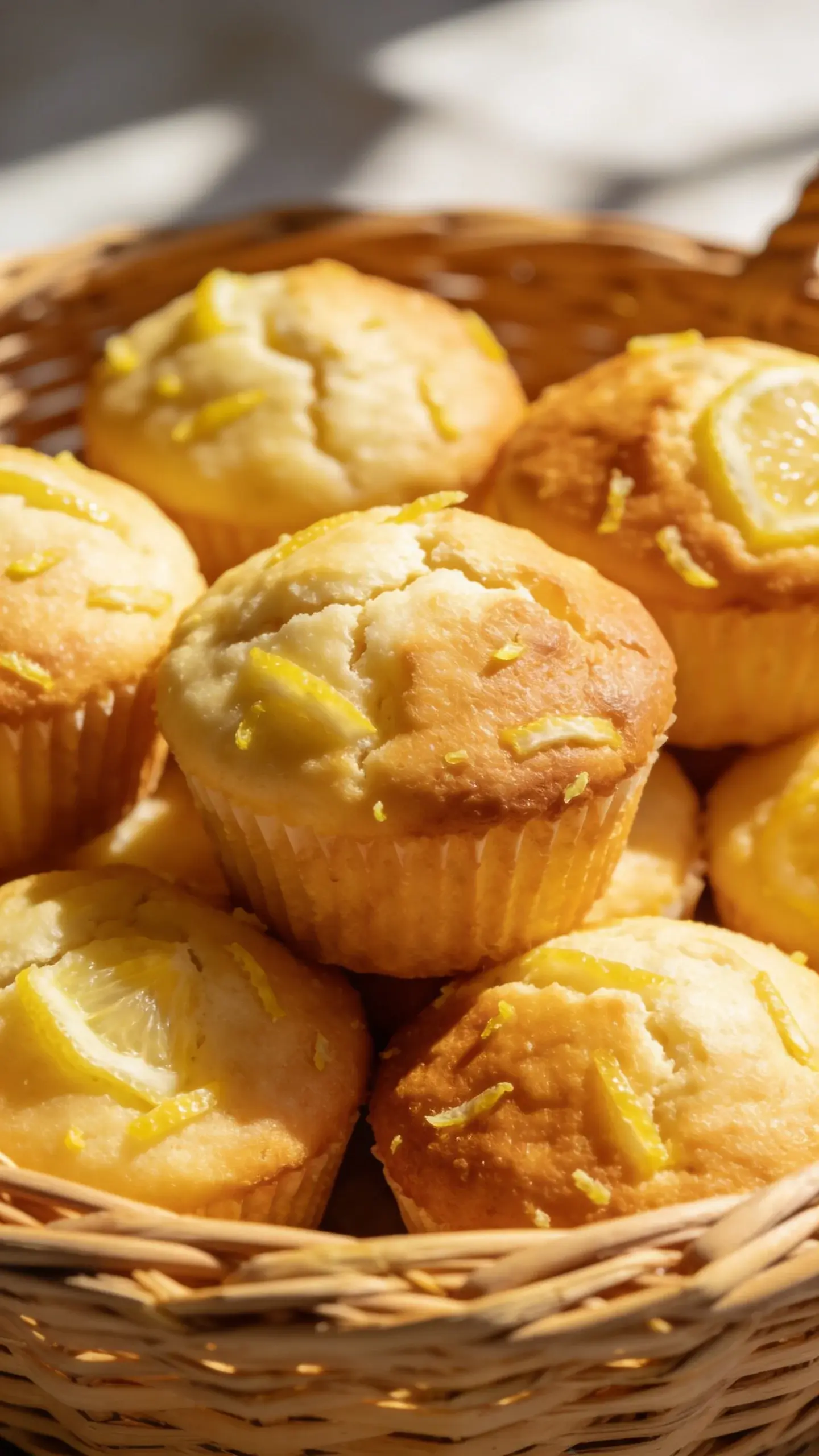 Basket of lemon muffins with bright sunlight, close-up texture