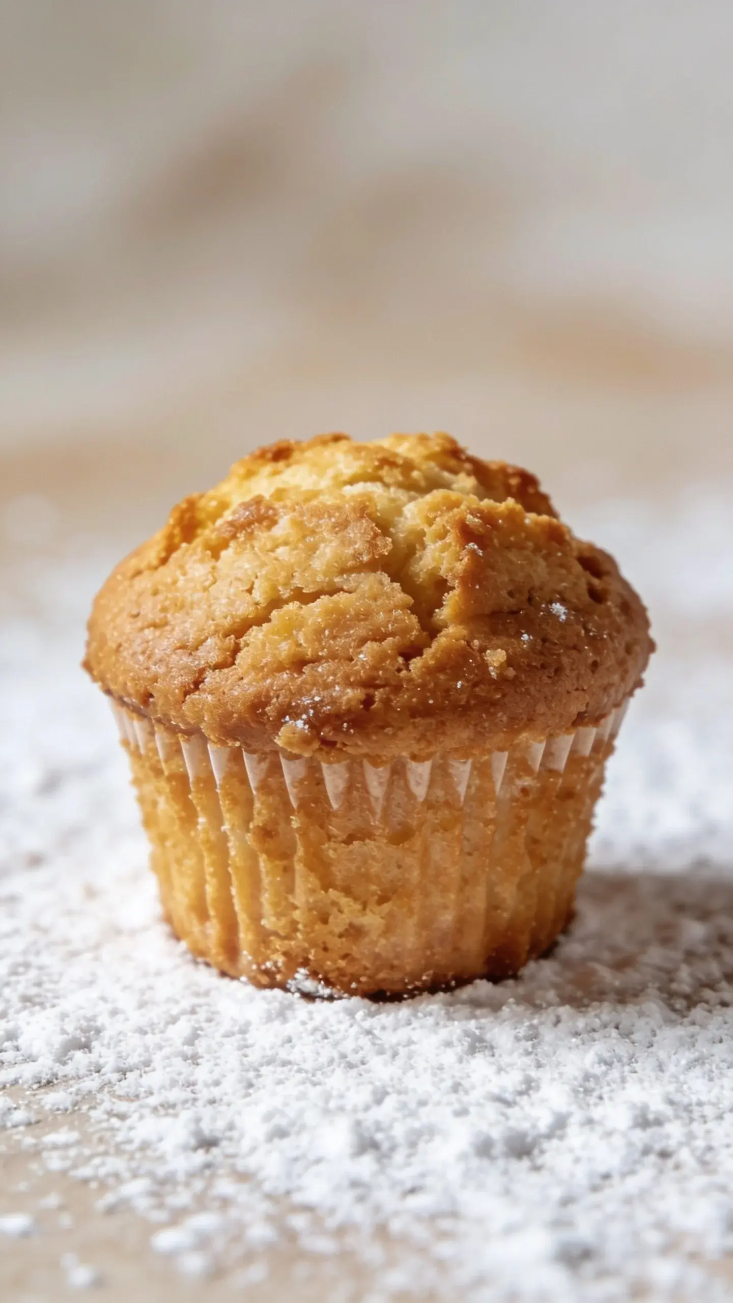 Minimal studio shot: single muffin, powdered sugar backdrop, crisp crumb
