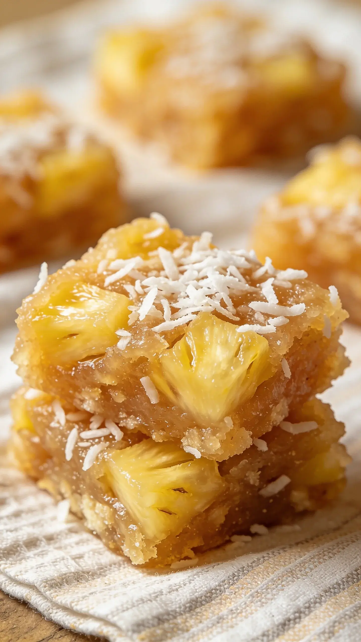 Close-up of chewy pineapple coconut bars, napkin backdrop