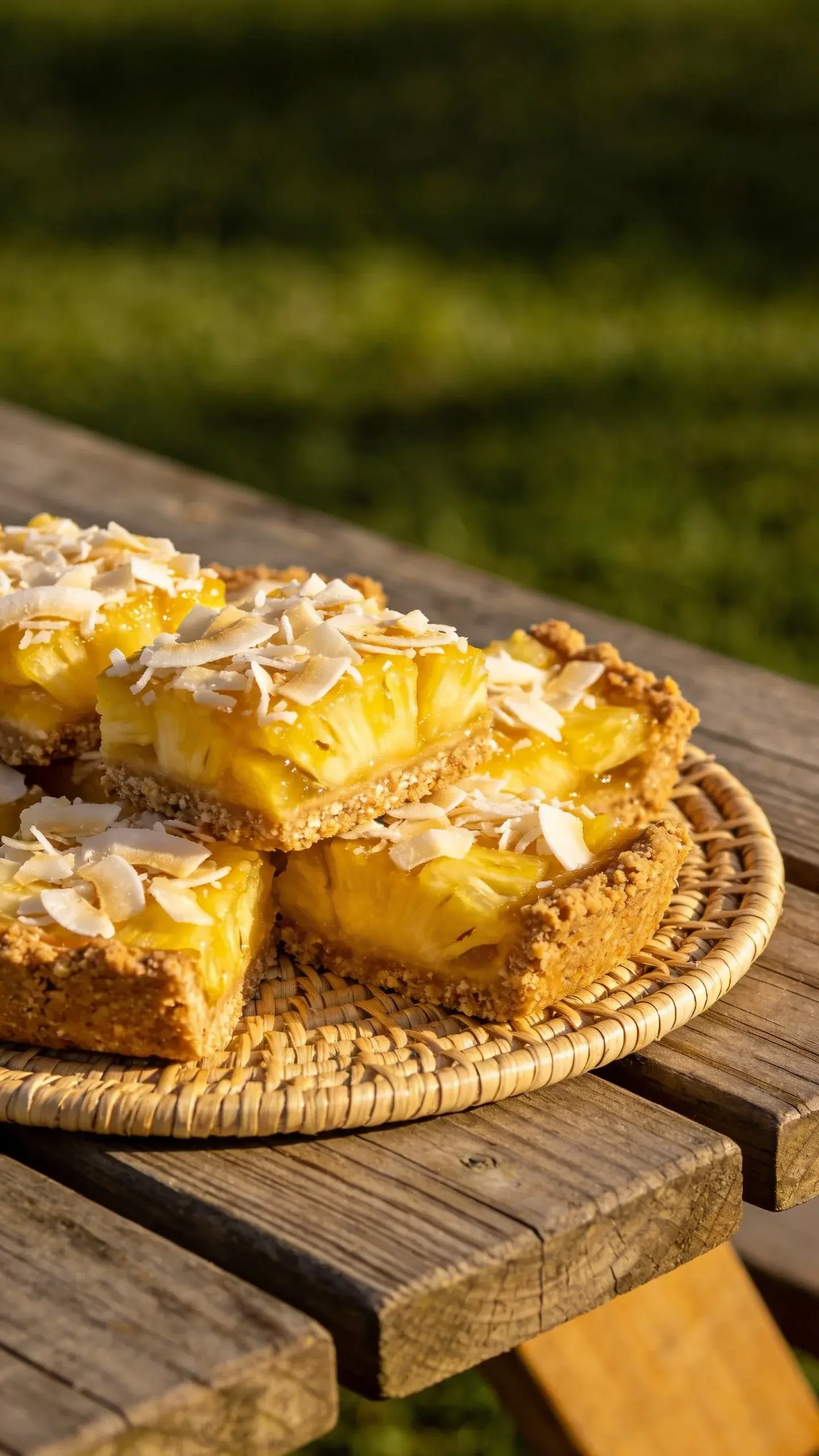 Sunlit picnic table with pineapple coconut bars platter