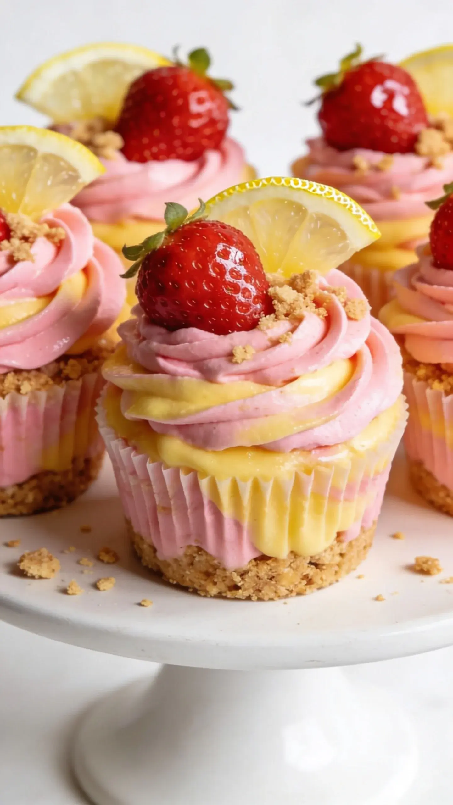 Fresh strawberry lemonade cupcakes on white pedestal