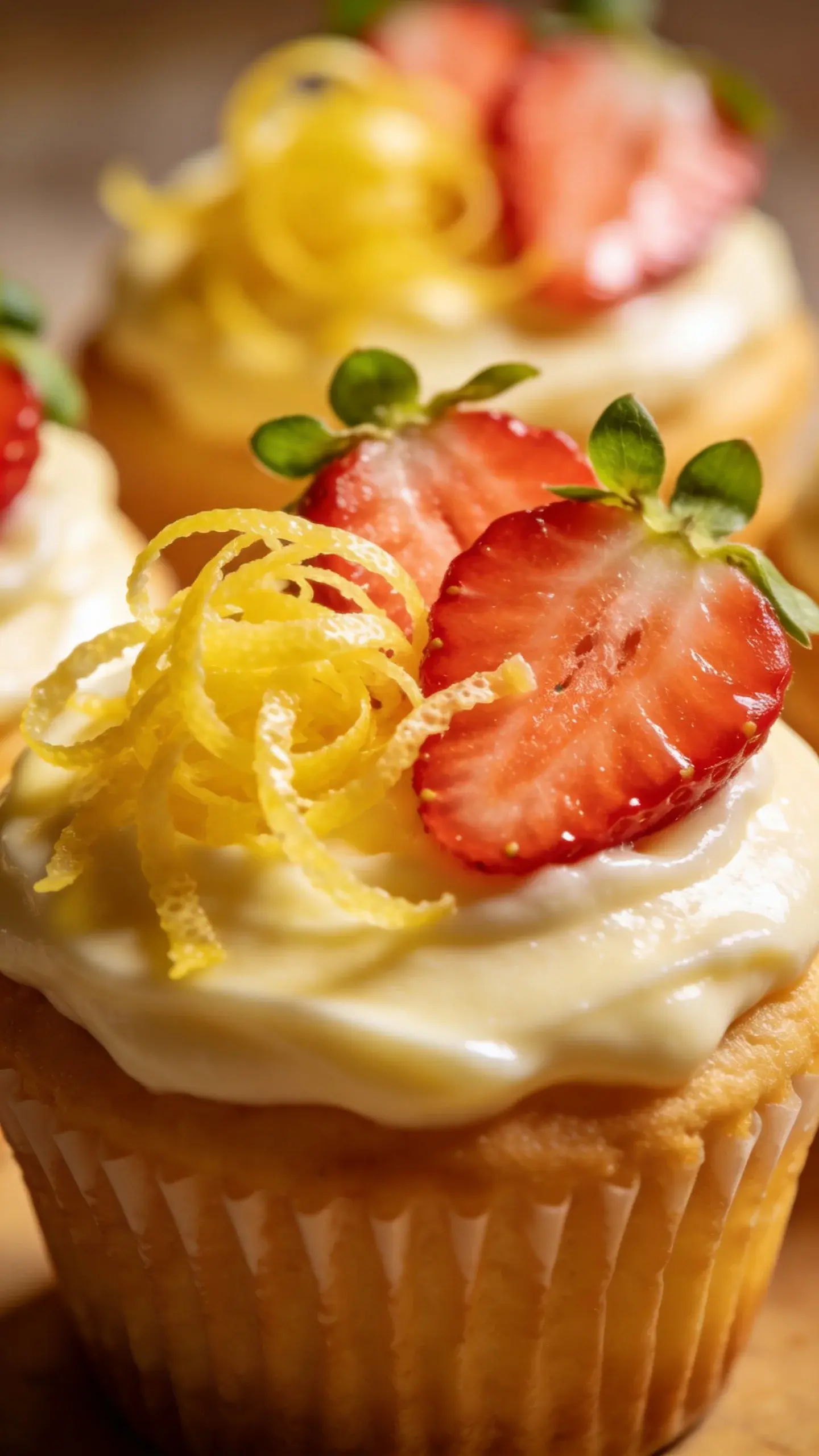 Close-up of lemon zest and sliced strawberries atop cupcakes