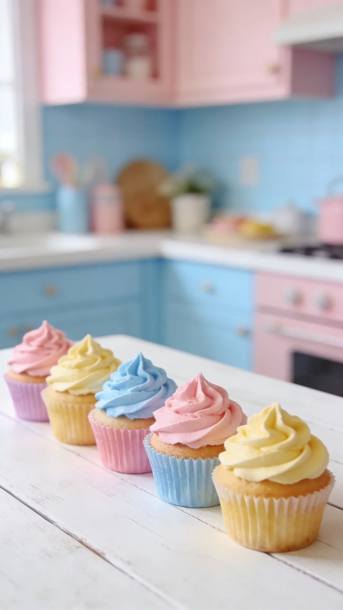 Bright summer bake in pastel kitchen, cupcakes displayed neatly