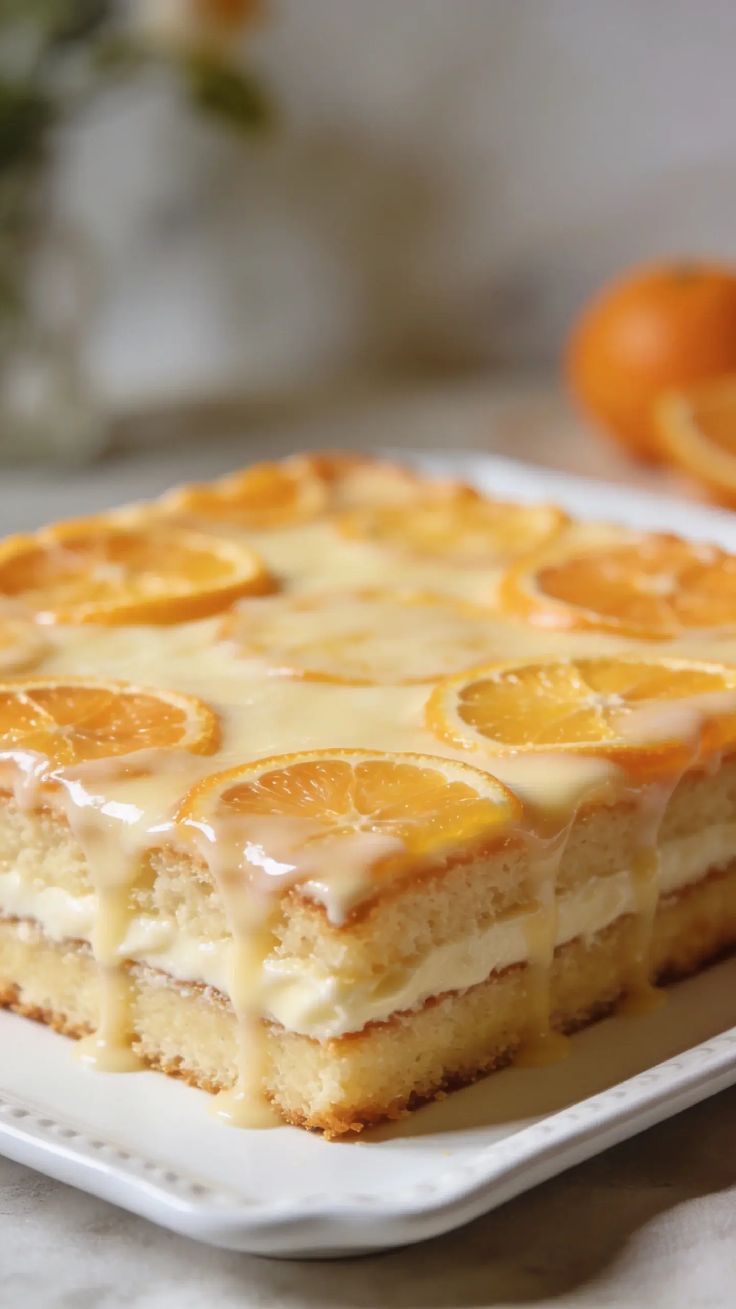 Orange vanilla sheet cake on a white platter with citrus glaze