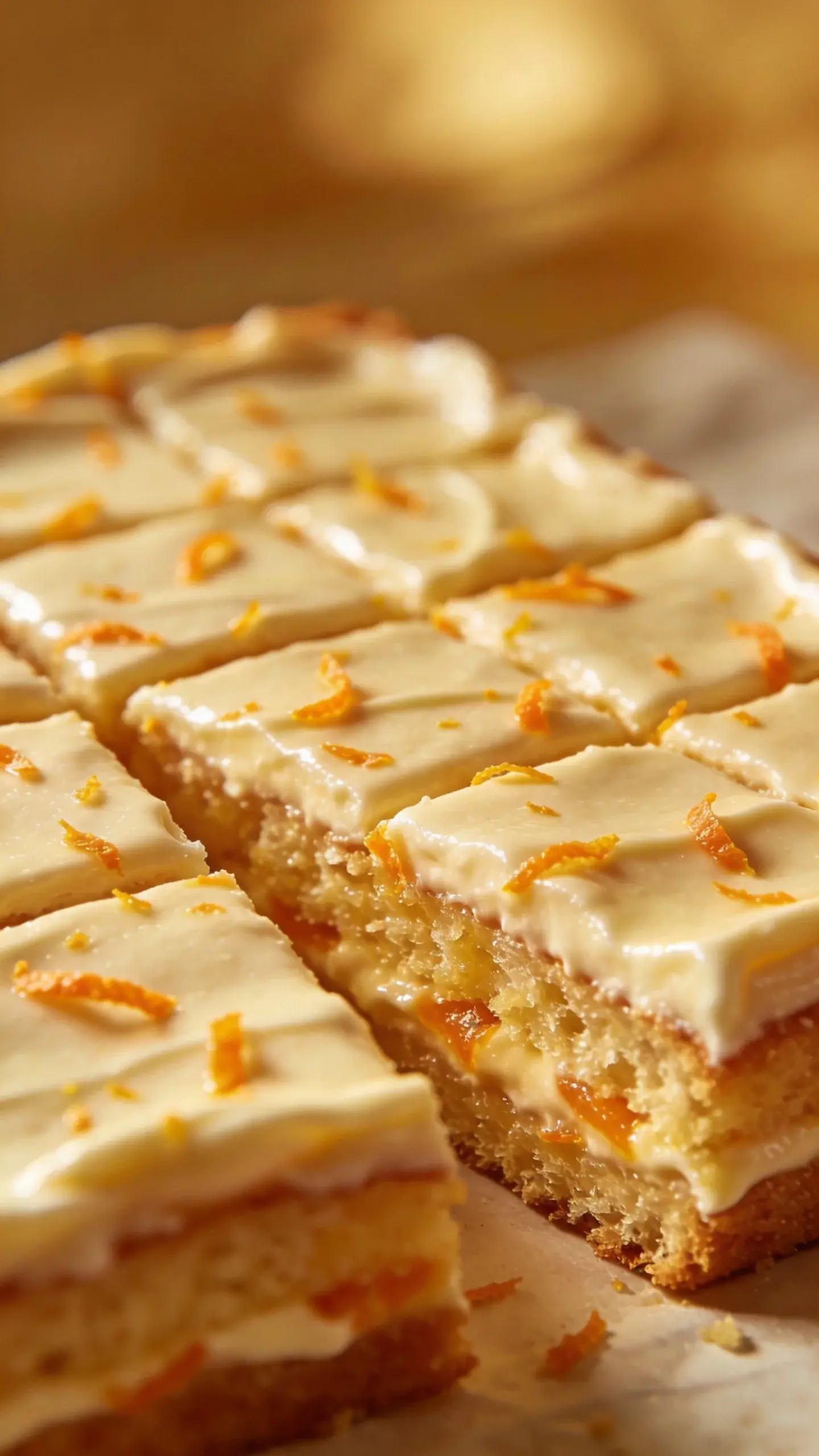 Close-up: sliced sheet cake showing orange zest specks