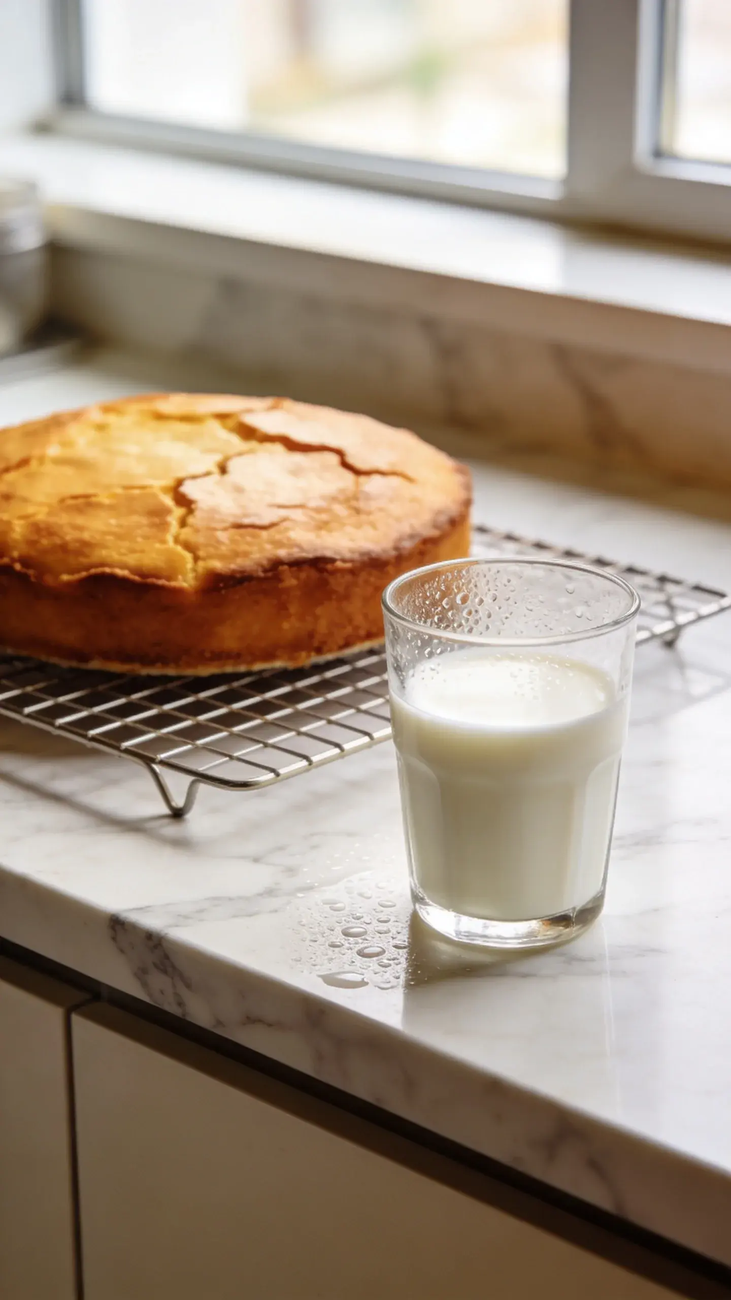 Bright kitchen scene: cake cooling on marble countertop, glass of milk nearby