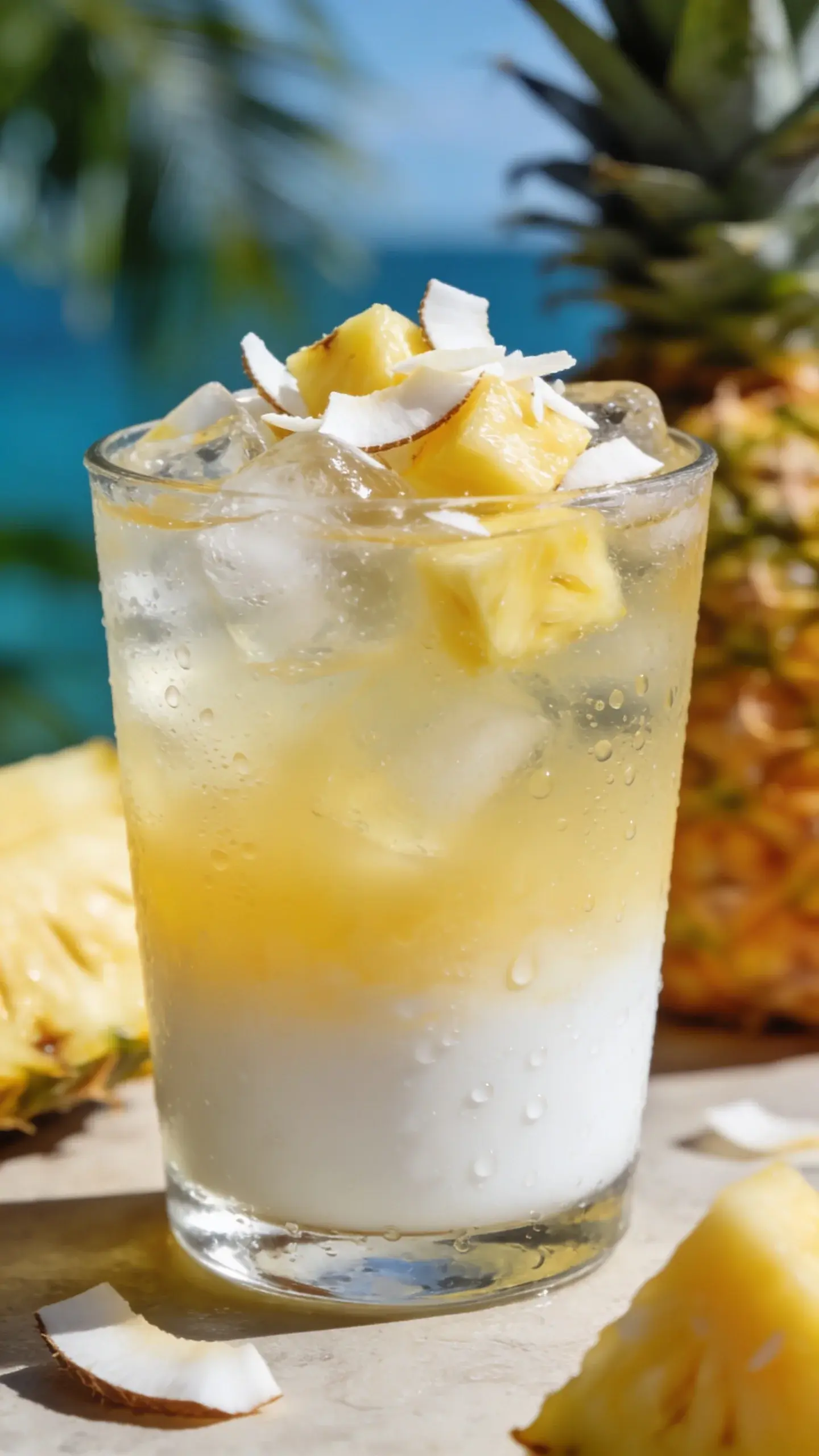 Tropical coconut pineapple mocktail in a clear glass