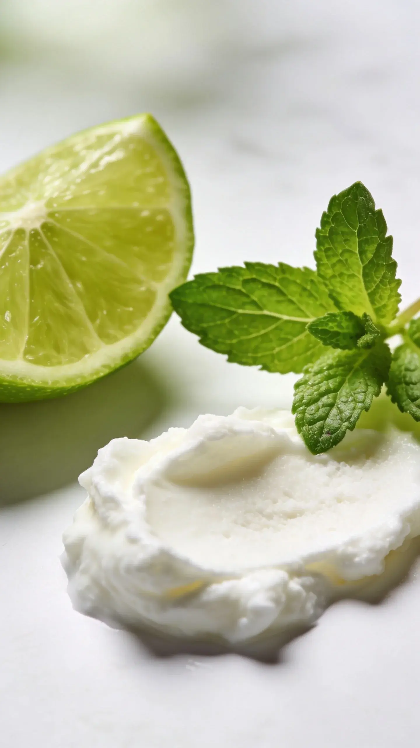 Lime wedge, mint sprig, coconut cream top shot