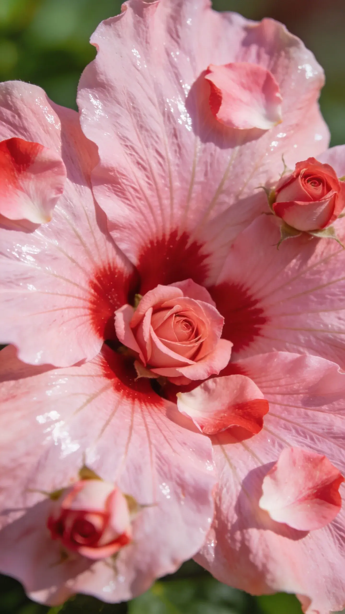 Close-up of pink hibiscus petals and rose accents garnish