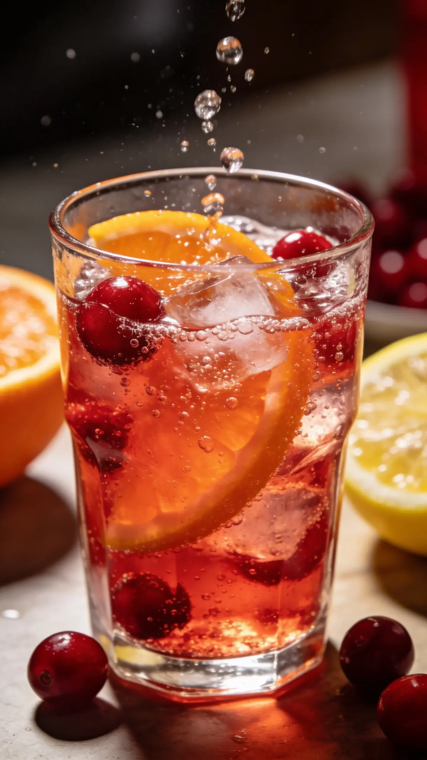 Cranberry citrus sparkling mocktail in glass, close-up