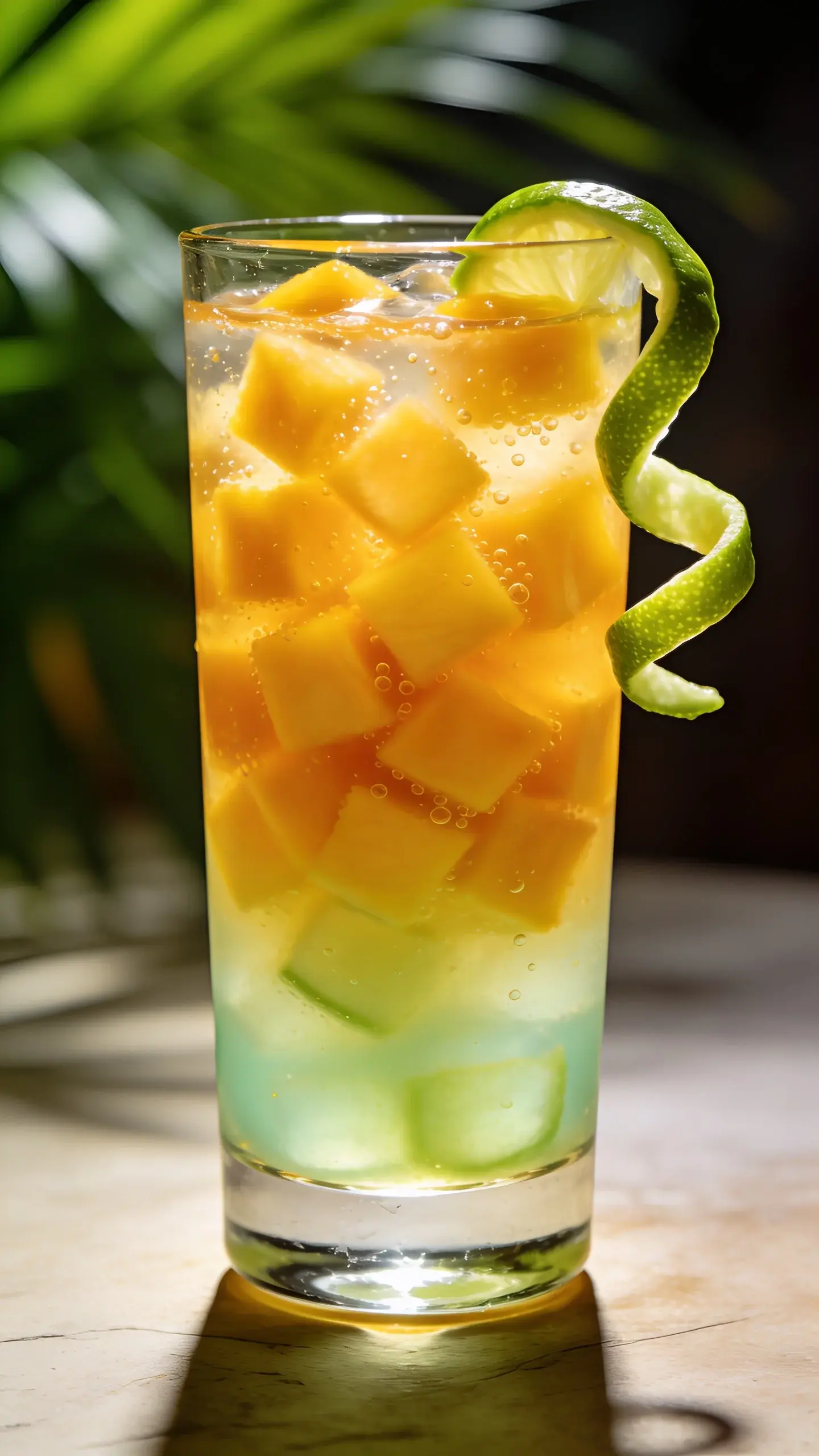 Mango lime mocktail in glass with lime twist garnish