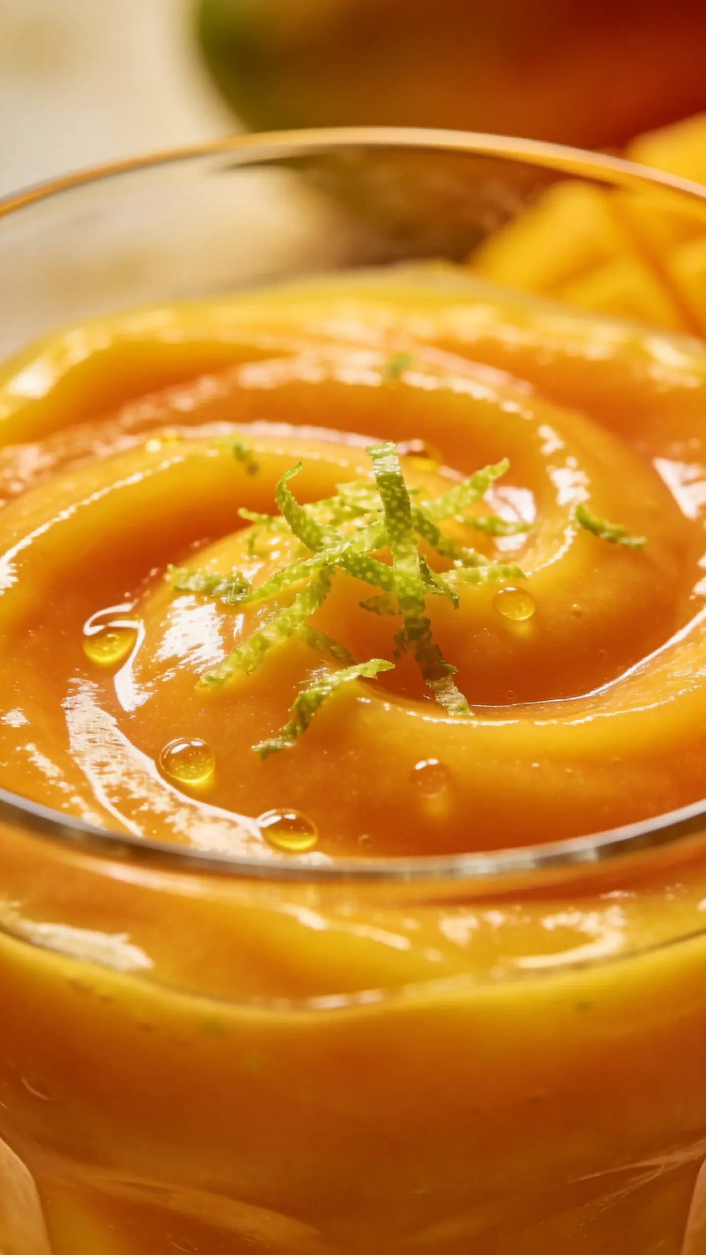 Close-up mango puree swirls in clear glass, lime zest