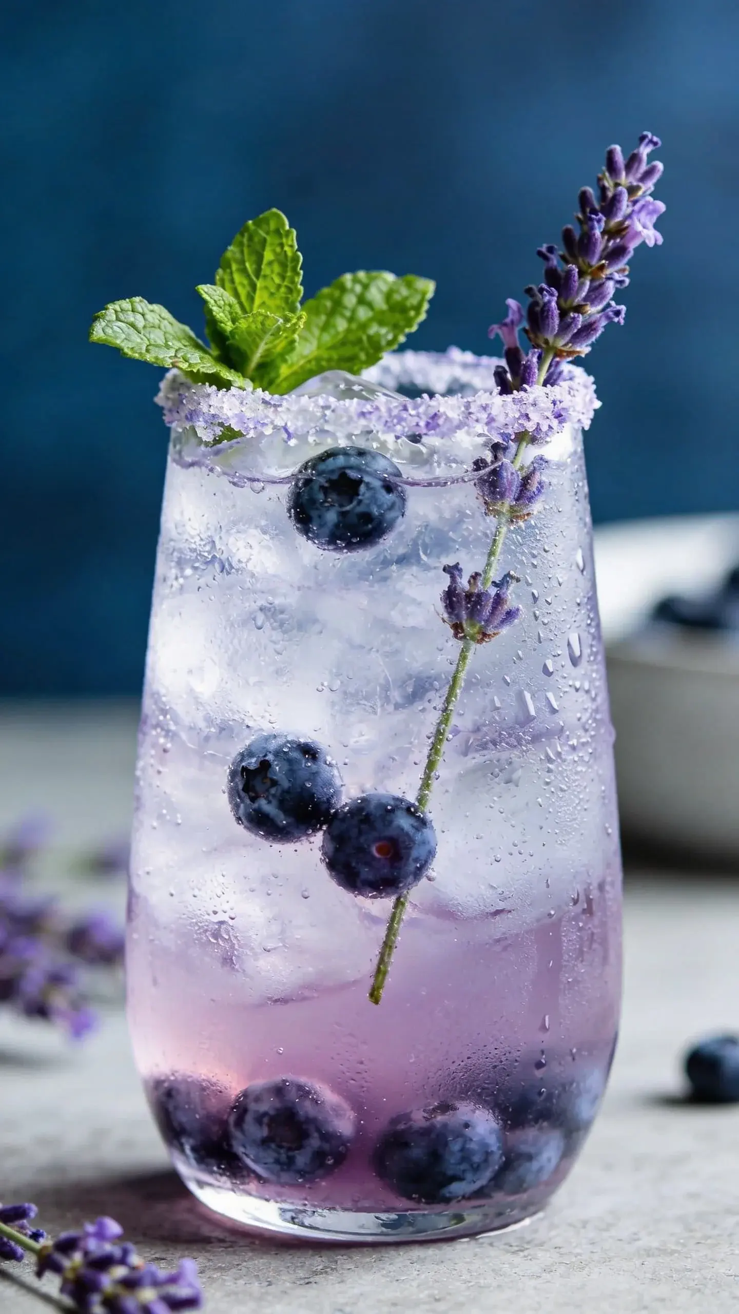 Glass of Blueberry Lavender Spritzer close-up with mint garnish