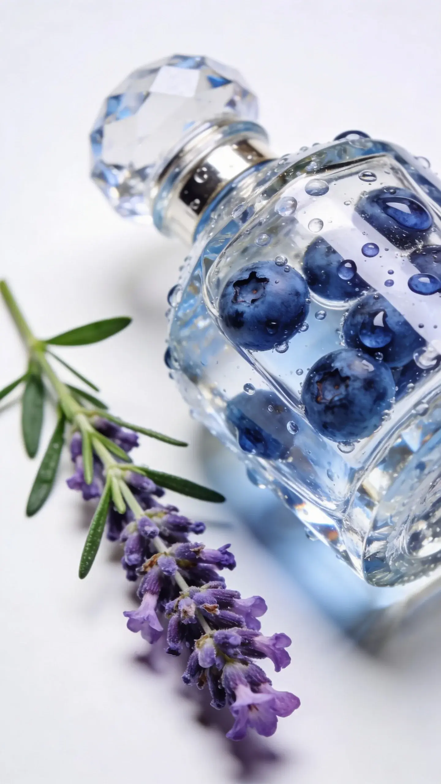 Crystal bottle, blueberry droplets, lavender sprig on white backdrop