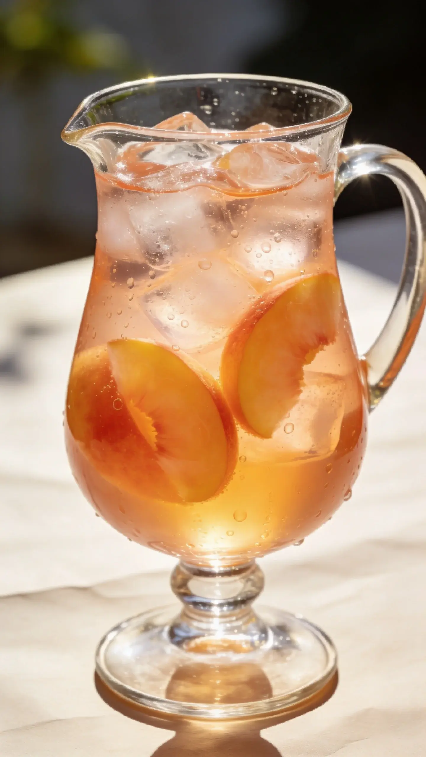 Balance glass pitcher of peach iced tea mocktail, bright sunlit studio