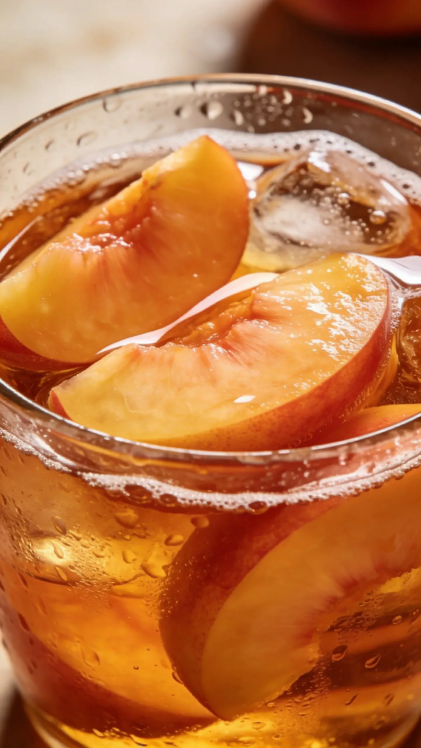 Close-up peach slices floating in iced tea, glass with condensation