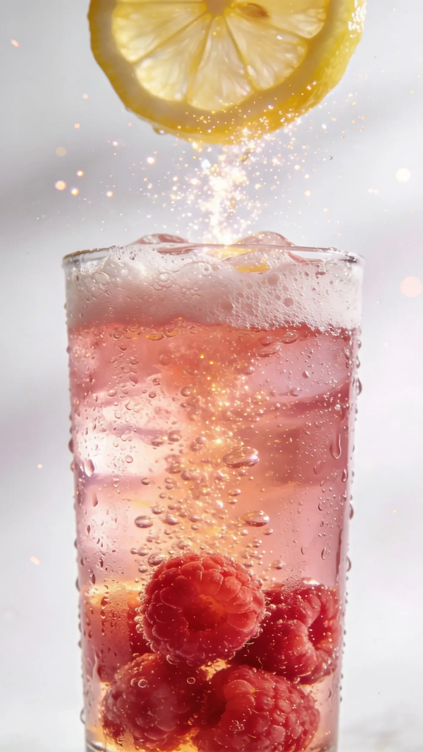Raspberry lemonade sparkler in tall glass, citrus glow, bubbles rising