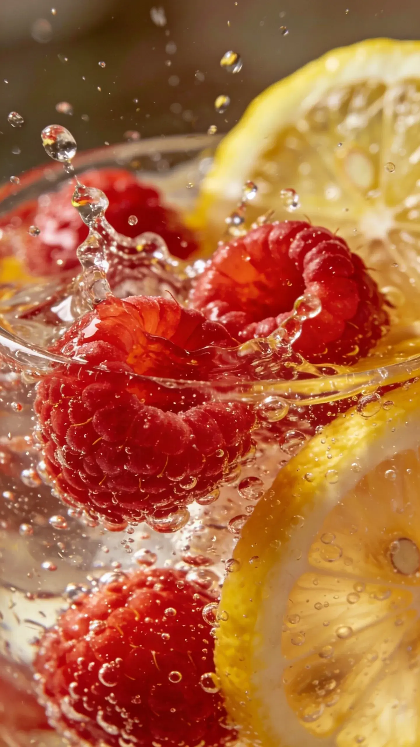 Close-up splash of raspberries and lemon slices in sparkling drink