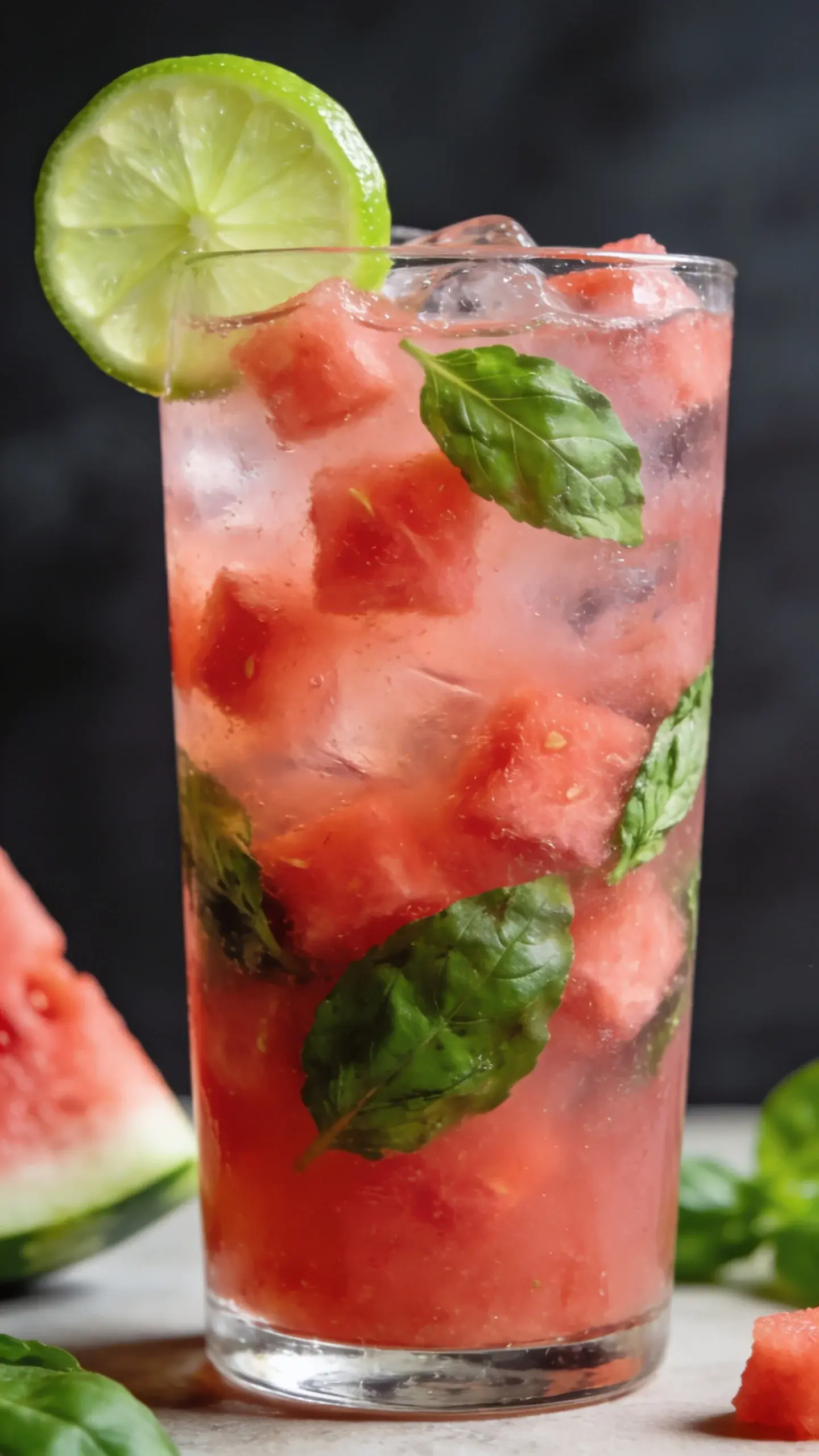Watermelon basil cooler in a tall glass with lime wedge