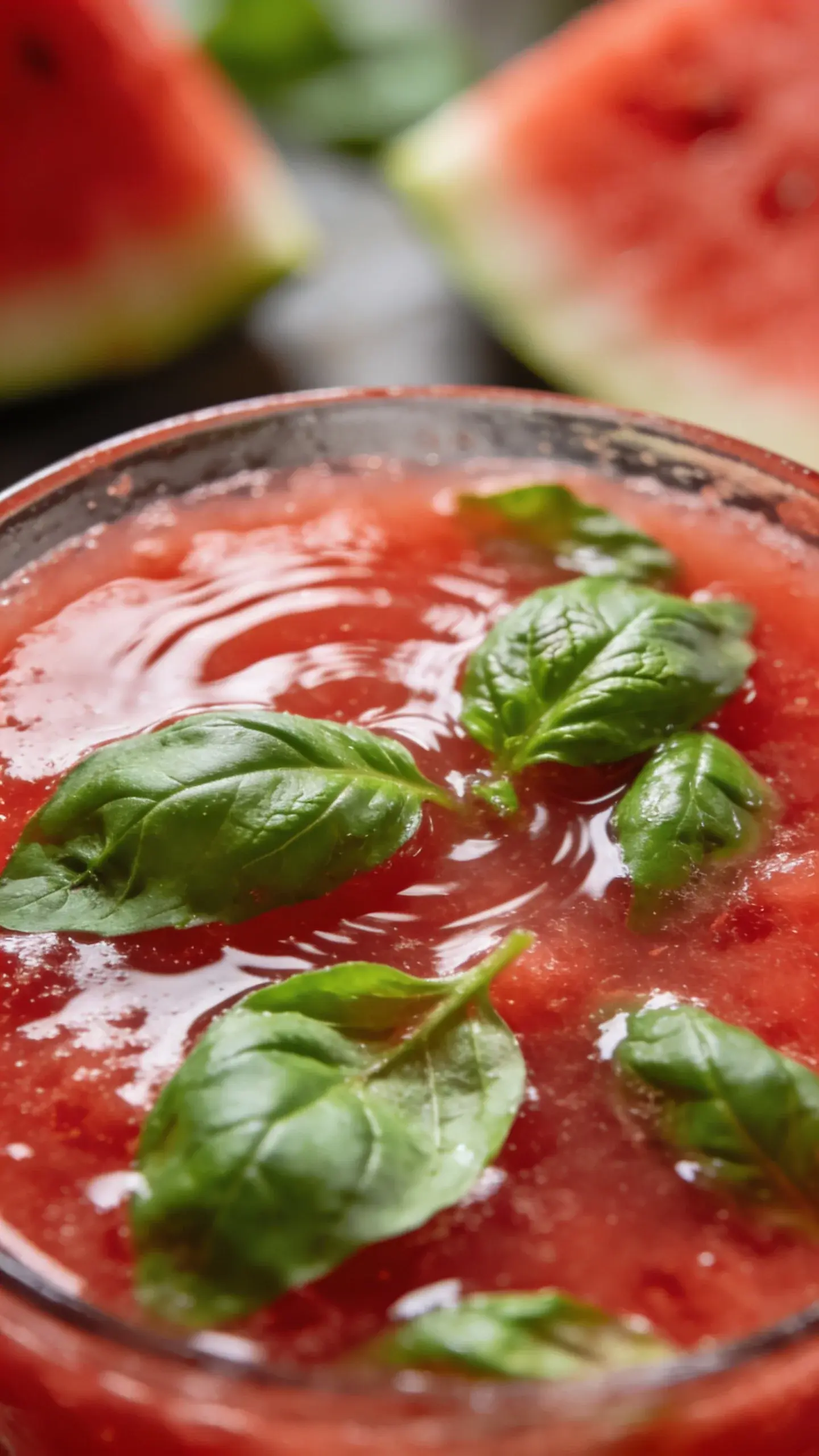 Close-up: muddled basil leaves and watermelon juice shot