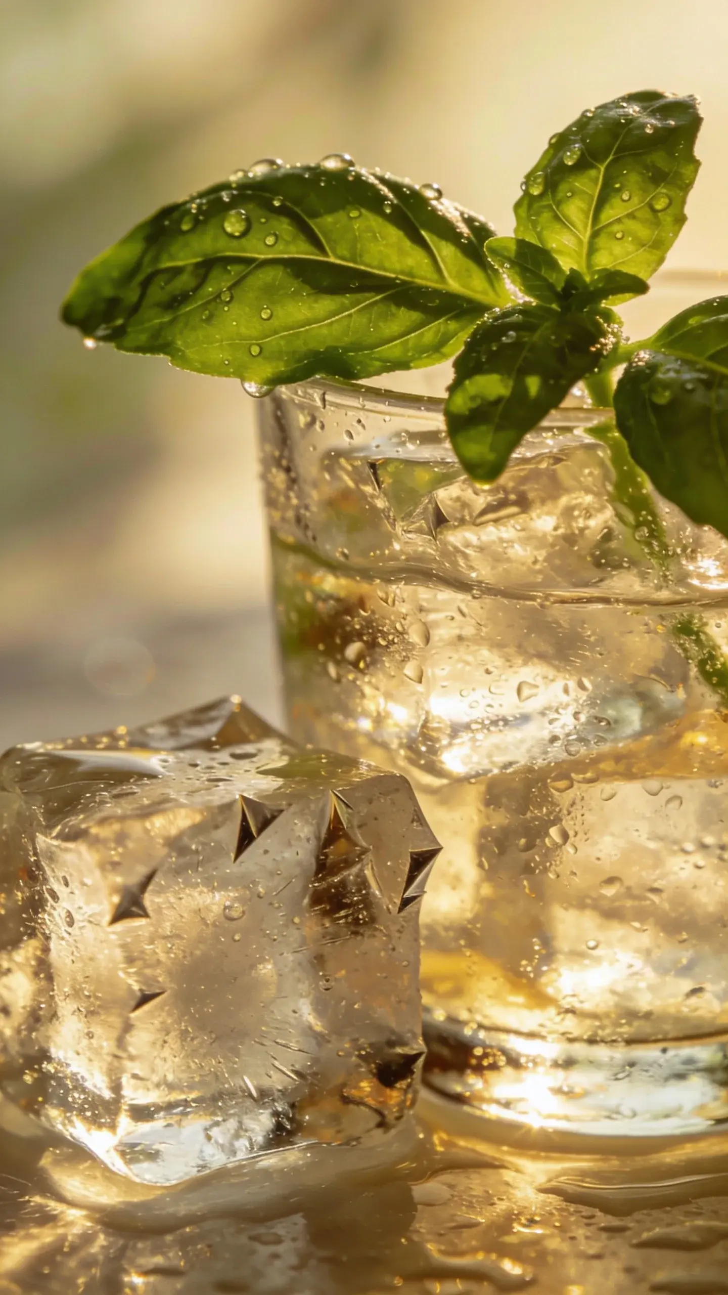 Studio shot: glass, ice, basil sprig, soft summer lighting