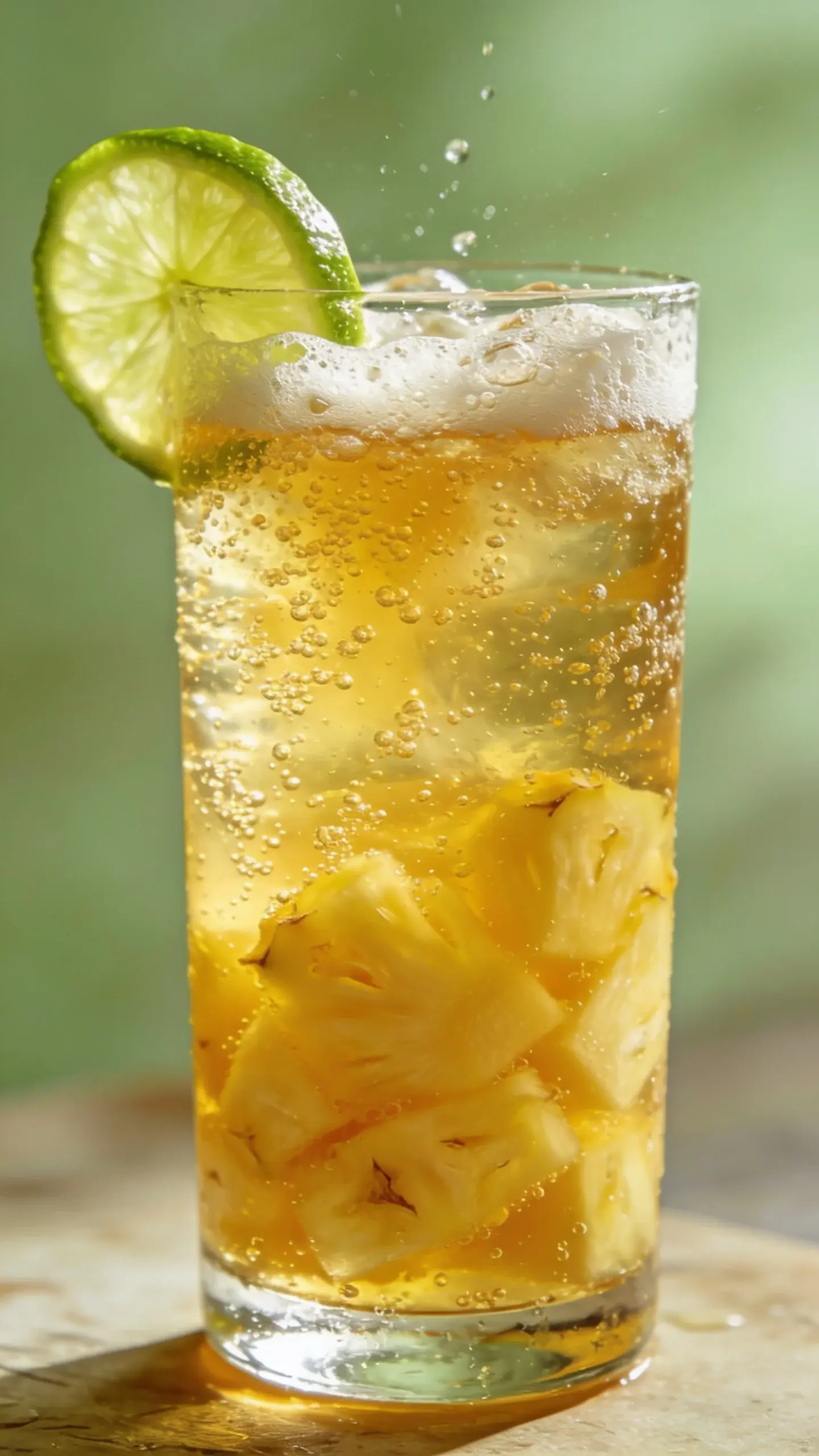 Sparkling pineapple ginger fizz in tall glass with lime wedge