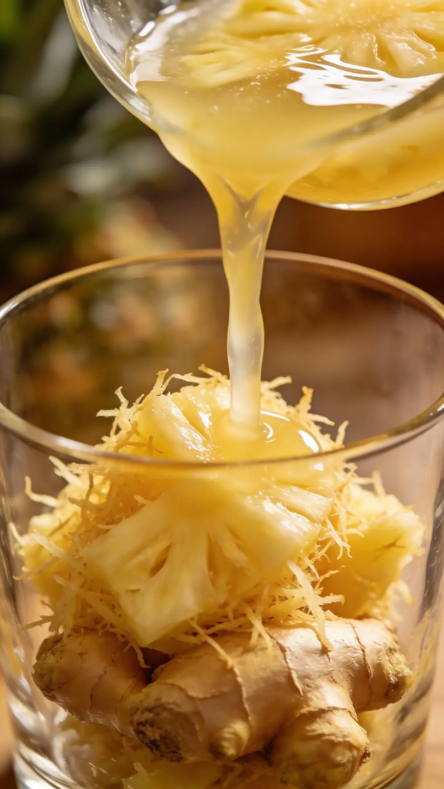 Close-up of grated ginger and pineapple juice duo in glass
