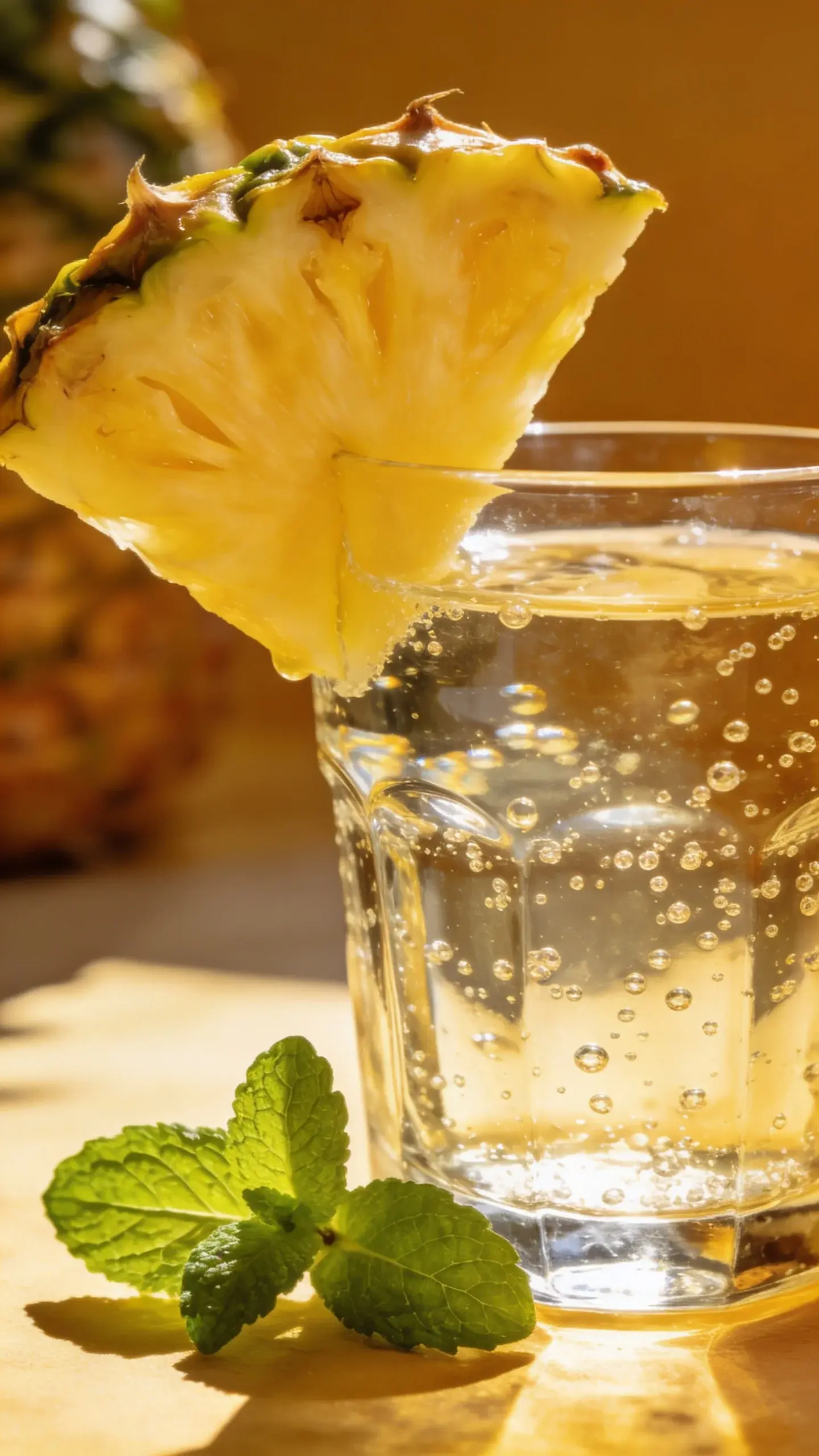 Bright, sunlit glass with bubbles, pineapple slice, mint garnish