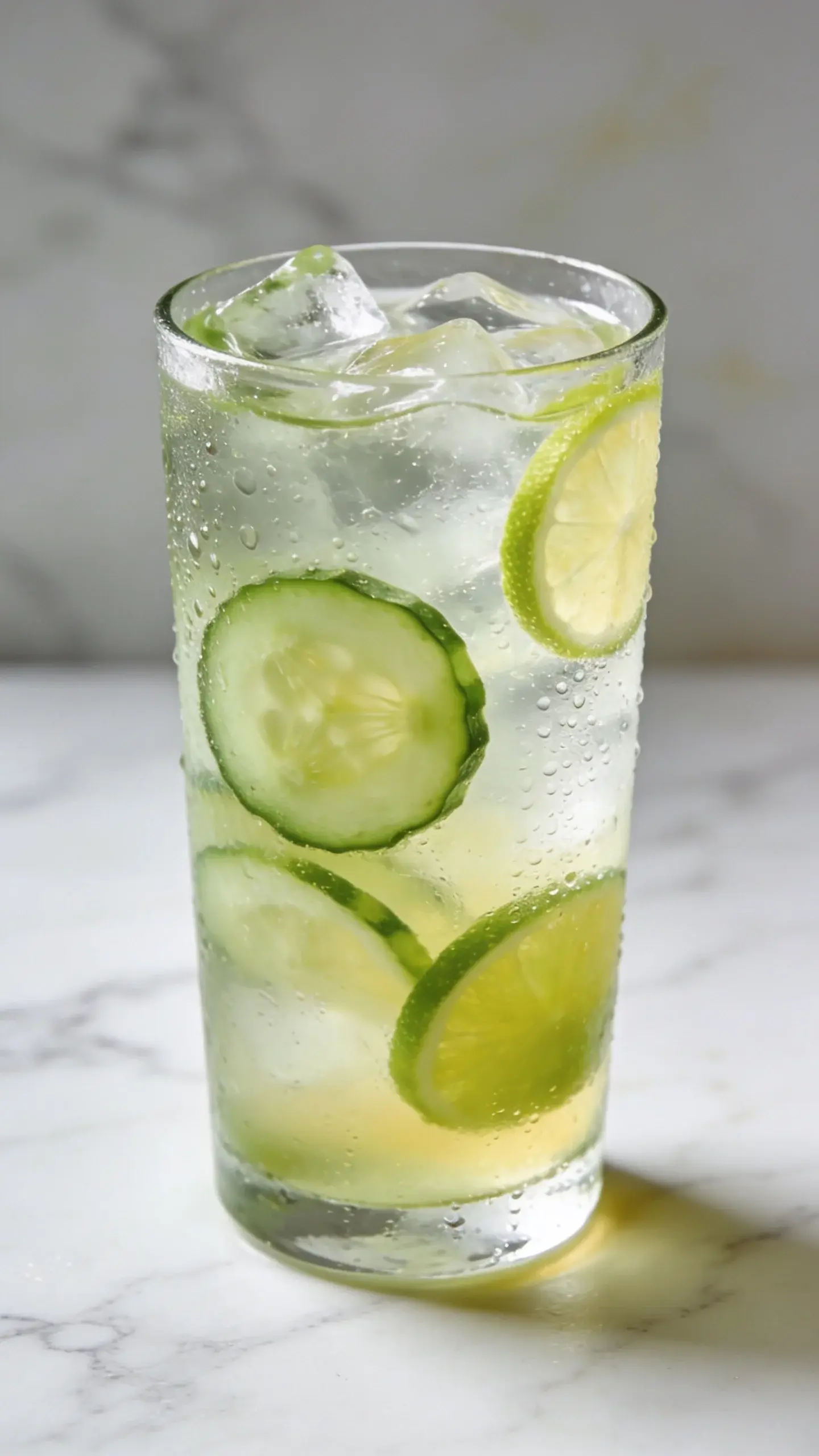 Cucumber Lime Refresher glass on white marble