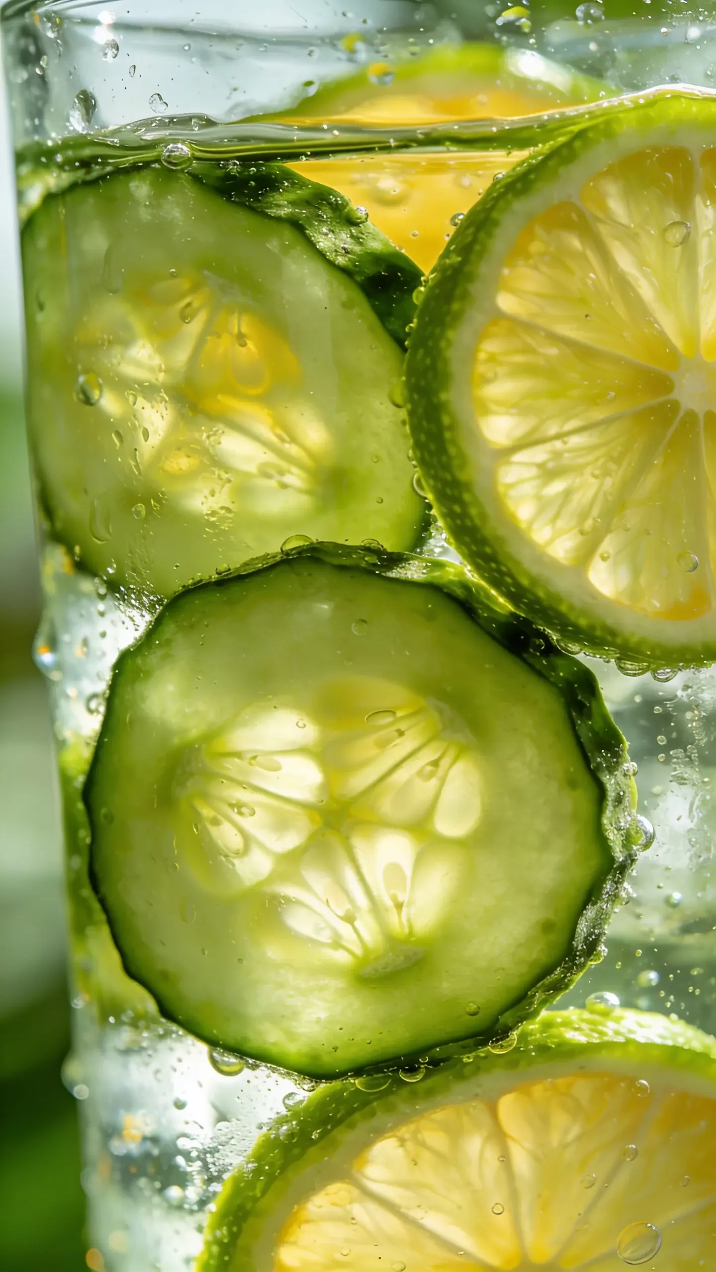 Close-up: cucumber slices and lime wheels in glass
