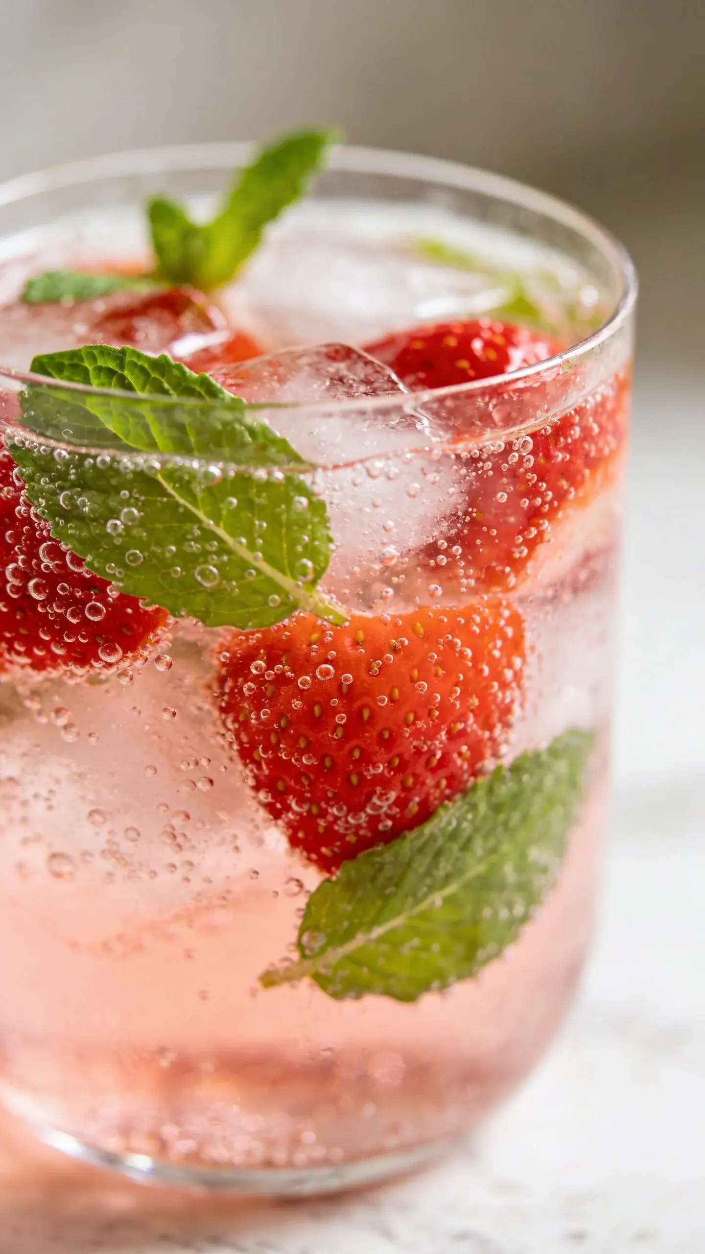 Strawberry mint sparkling mocktail in clear glass