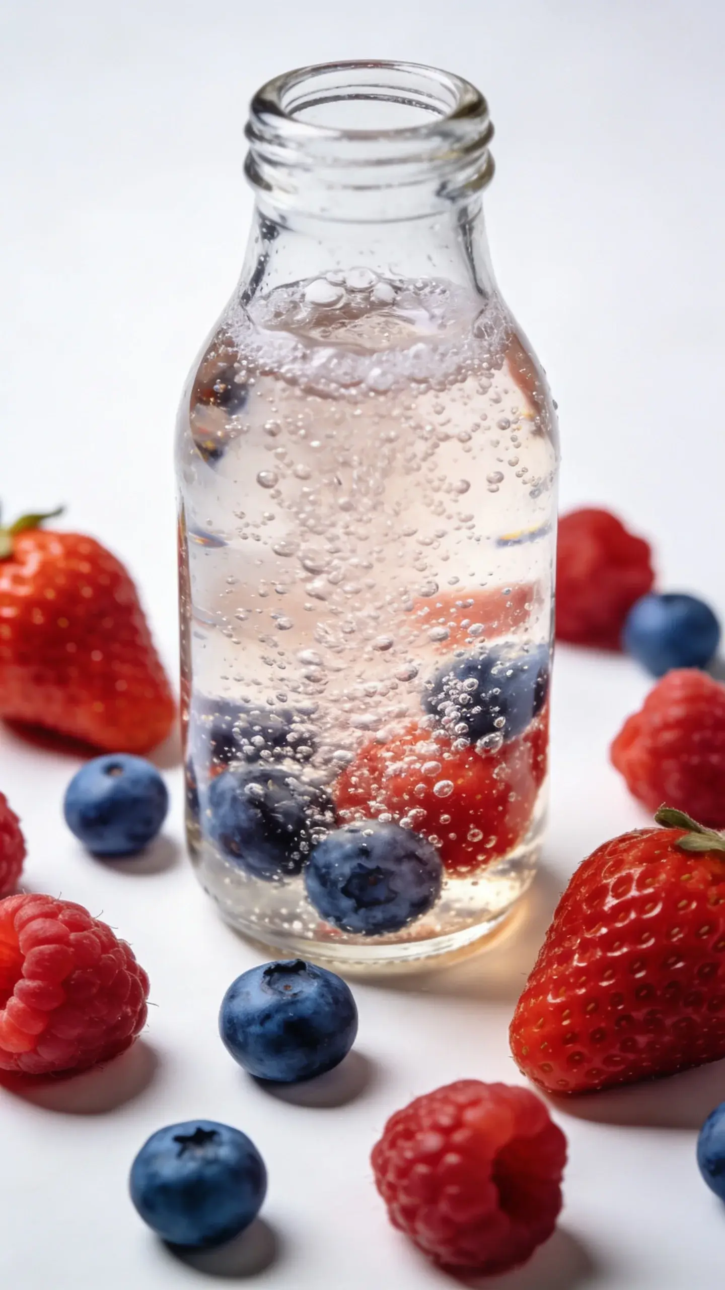 Studio shot of fizzing mocktail bottle with berries on white background