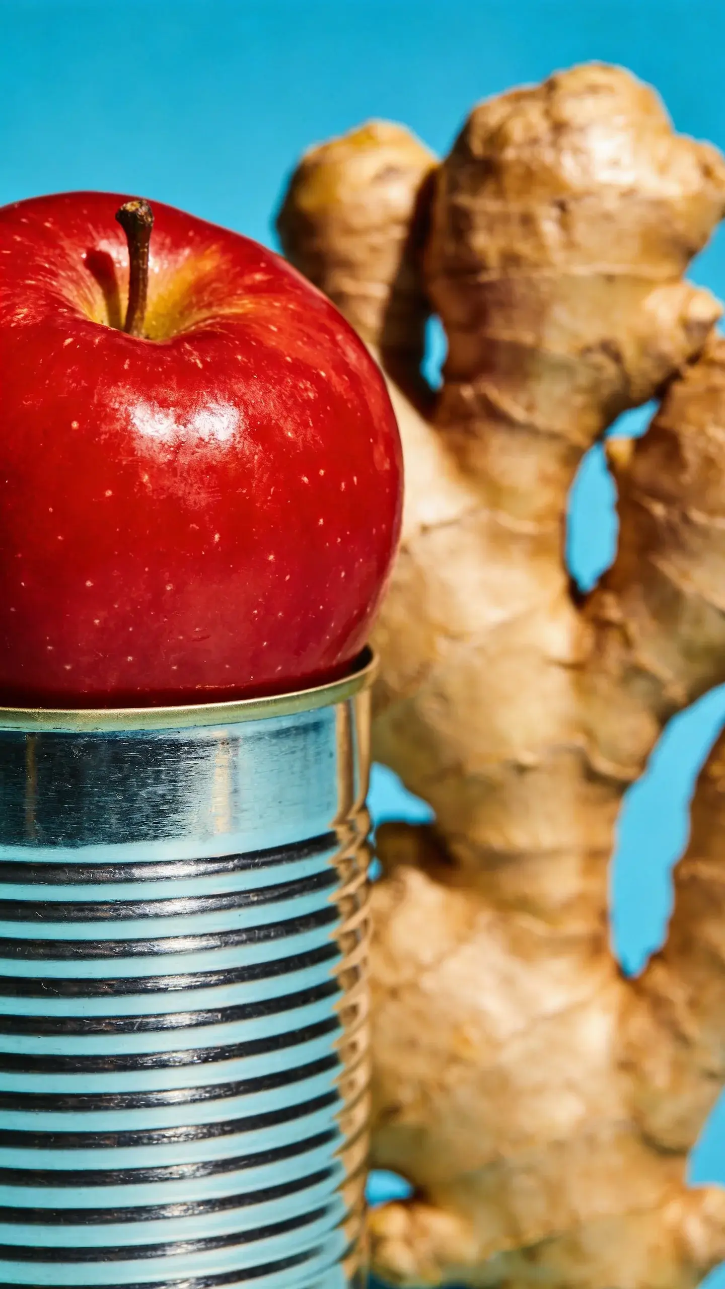 Bold can with red apple, ginger root backdrop, bright lighting
