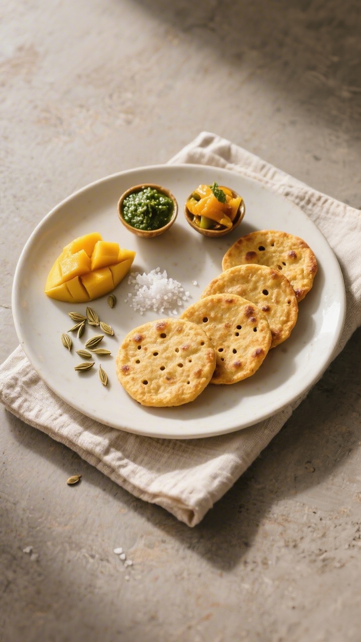 5 inch discs, evenly golden), served with small katoris of green chutney and bright mango pickle; sc