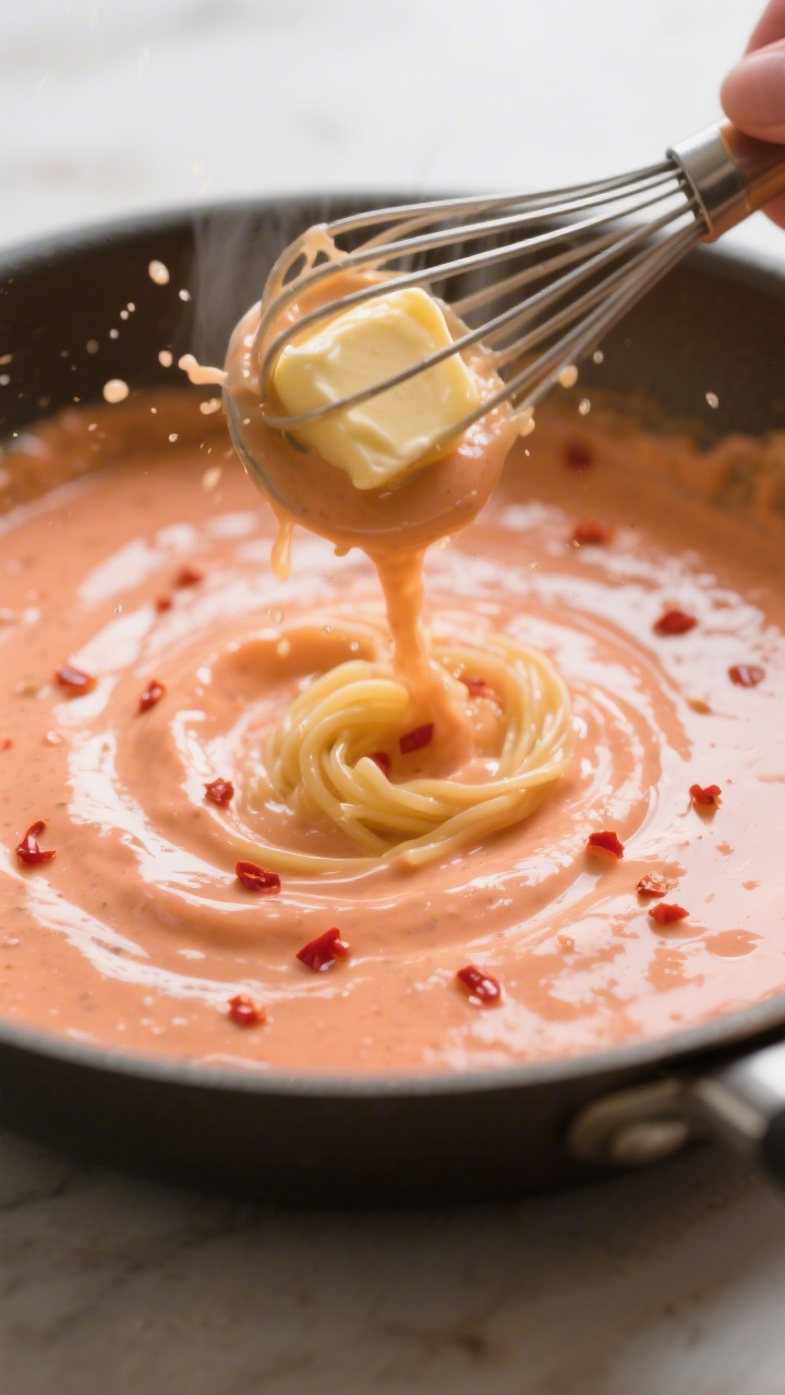 Action shot, emulsifying stage: Creamy vodka-tomato sauce being whisked with a knob of melting butte