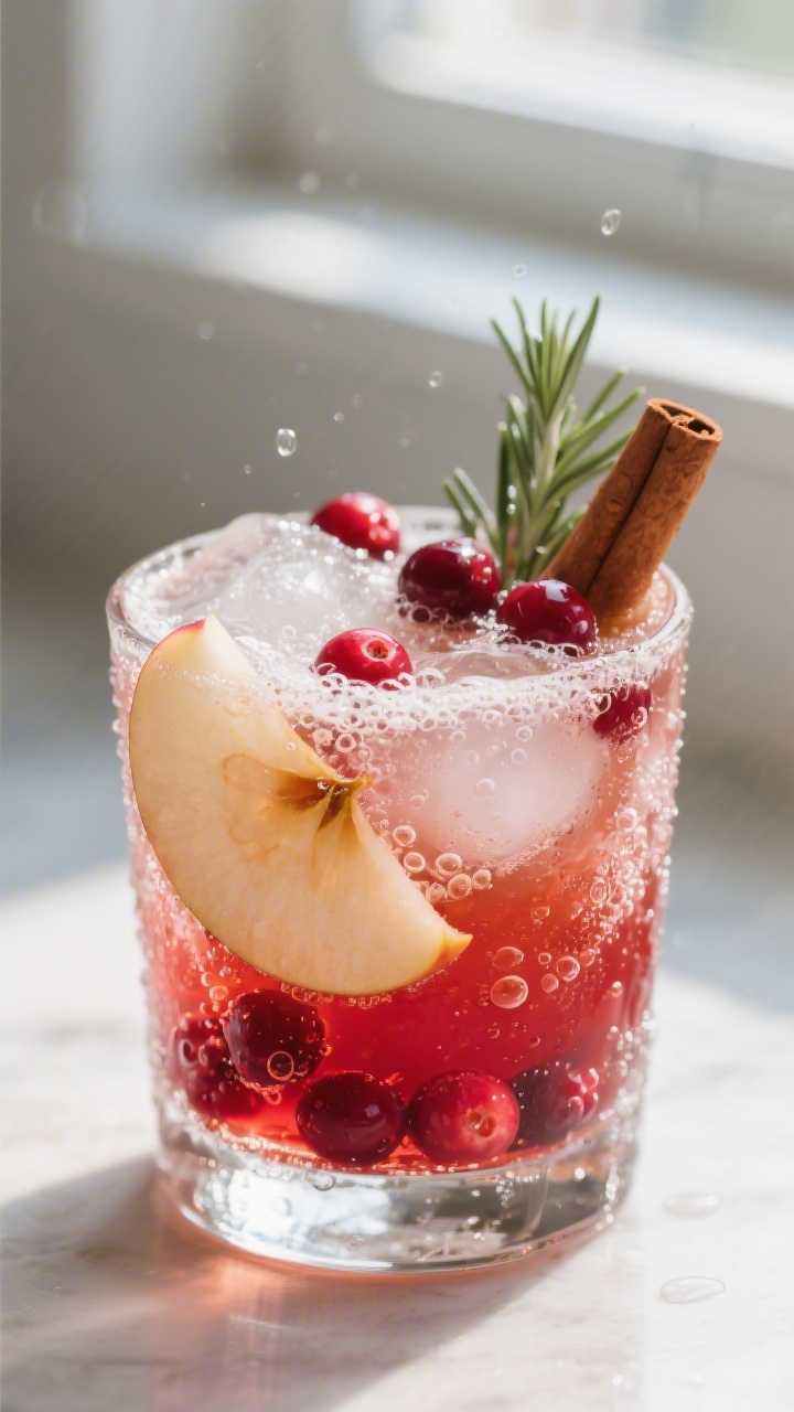 Close-up detail: A chilled glass of Cranberry Apple Cider Spritz being topped with effervescent club