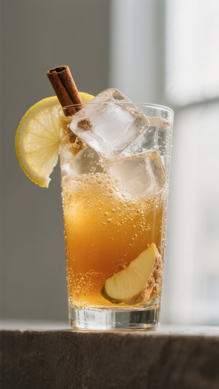 Close-up detail: A chilled highball glass filled with large clear ice cubes, amber apple cider, and 