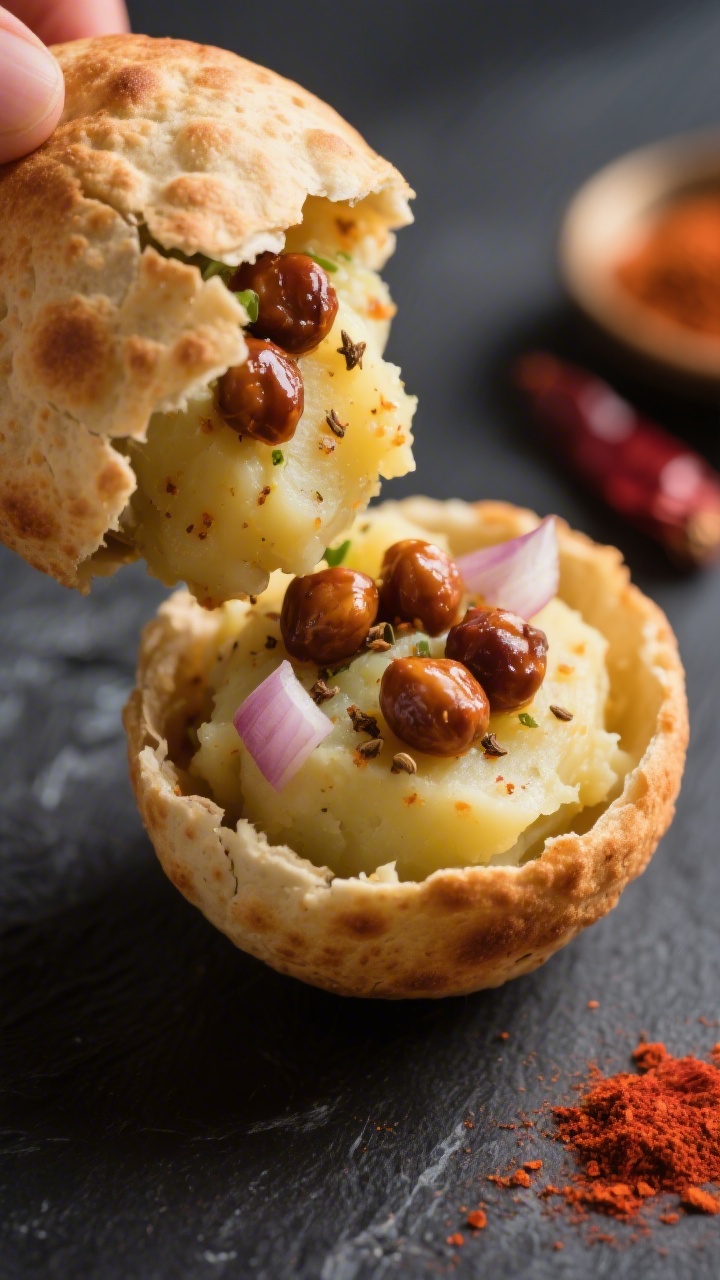 Close-up detail: A cracked-open phuchka shell being filled with warm, spiced mashed potato and a few