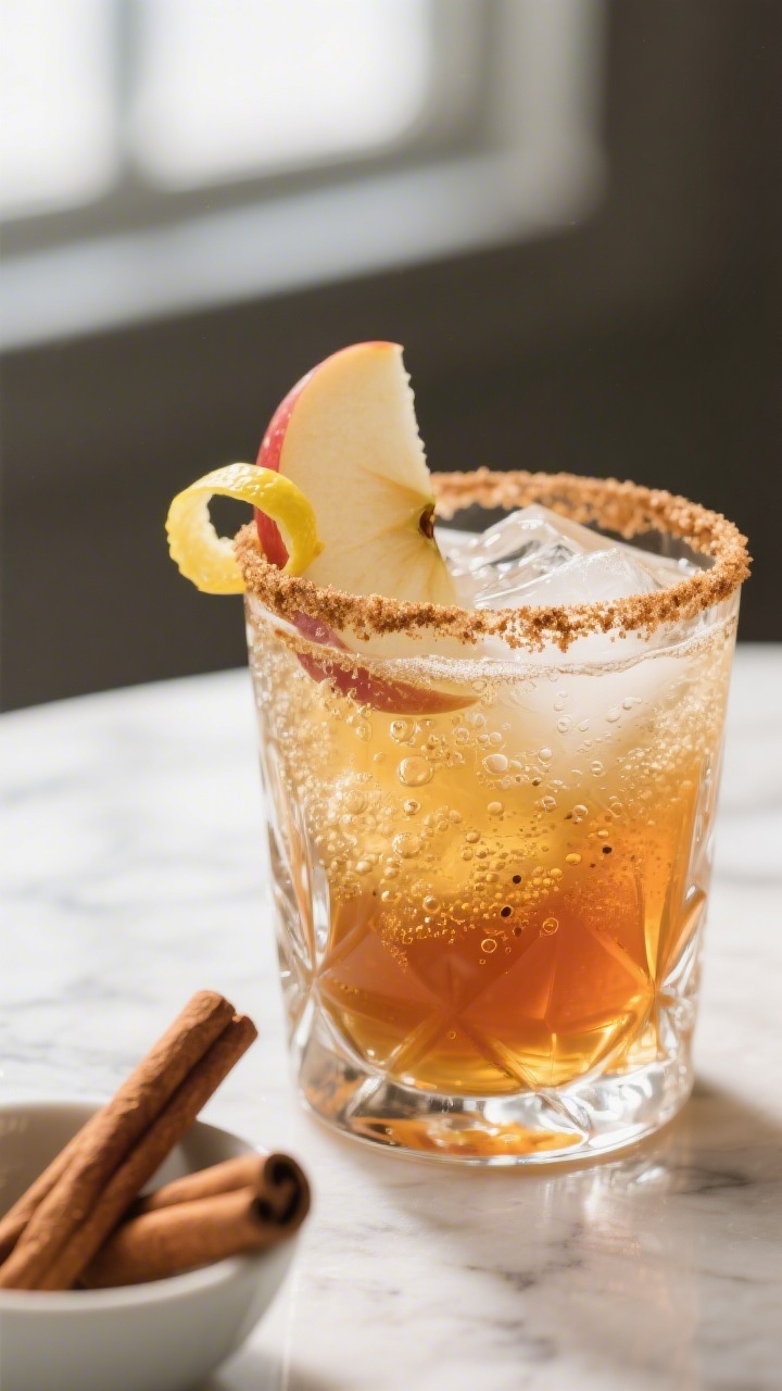 Close-up detail: A finished sparkling apple cider bourbon cocktail built in a rocks glass with a cin
