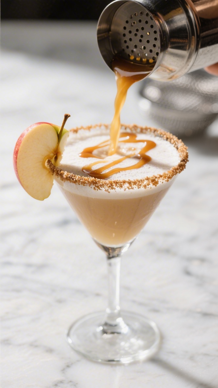 Close-up detail: A freshly shaken Caramel Apple Cider Martini being double-strained into a chilled, 