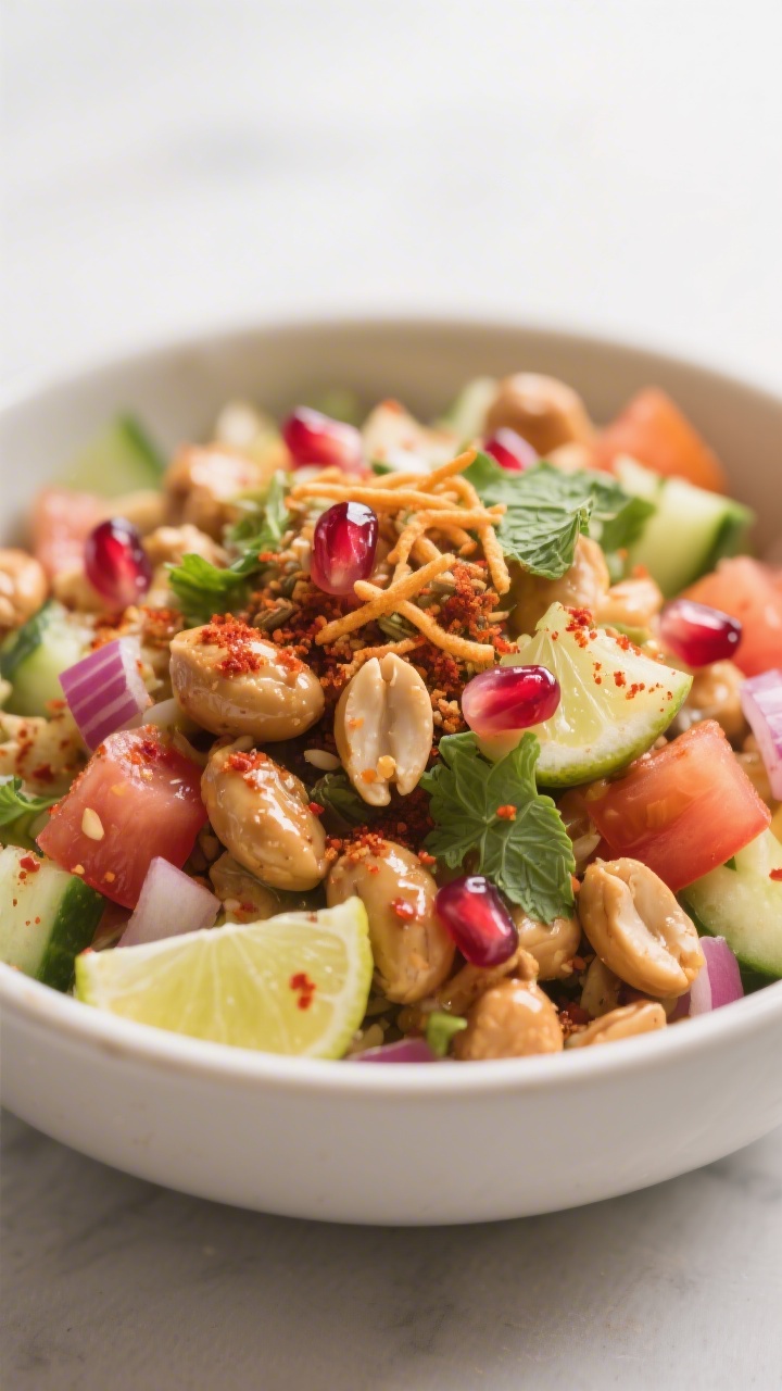 Close-up detail: A freshly tossed bowl of peanut chaat with roasted peanuts glistening in lime, dice