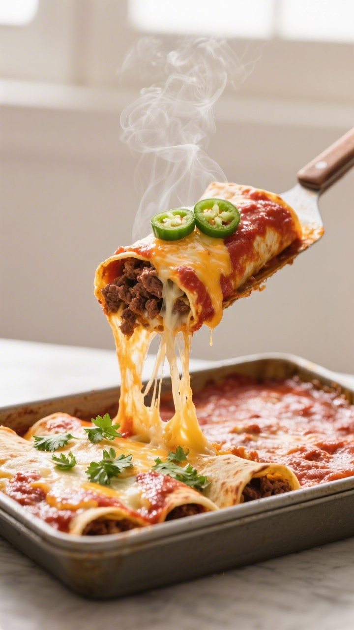 Close-up detail: A just-baked beef enchilada being lifted from a 9x13 baking dish with a spatula, sh