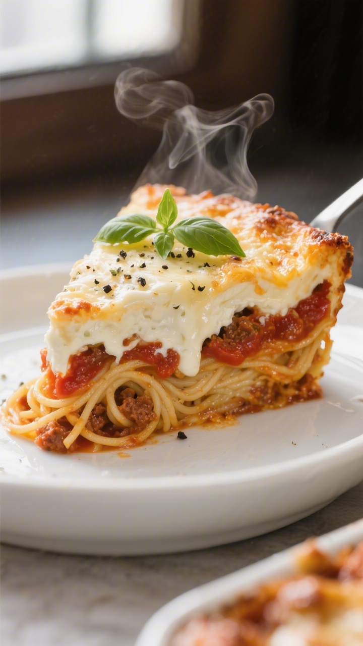 Close-up detail: A slice of baked cream cheese spaghetti just lifted from the casserole, showing def
