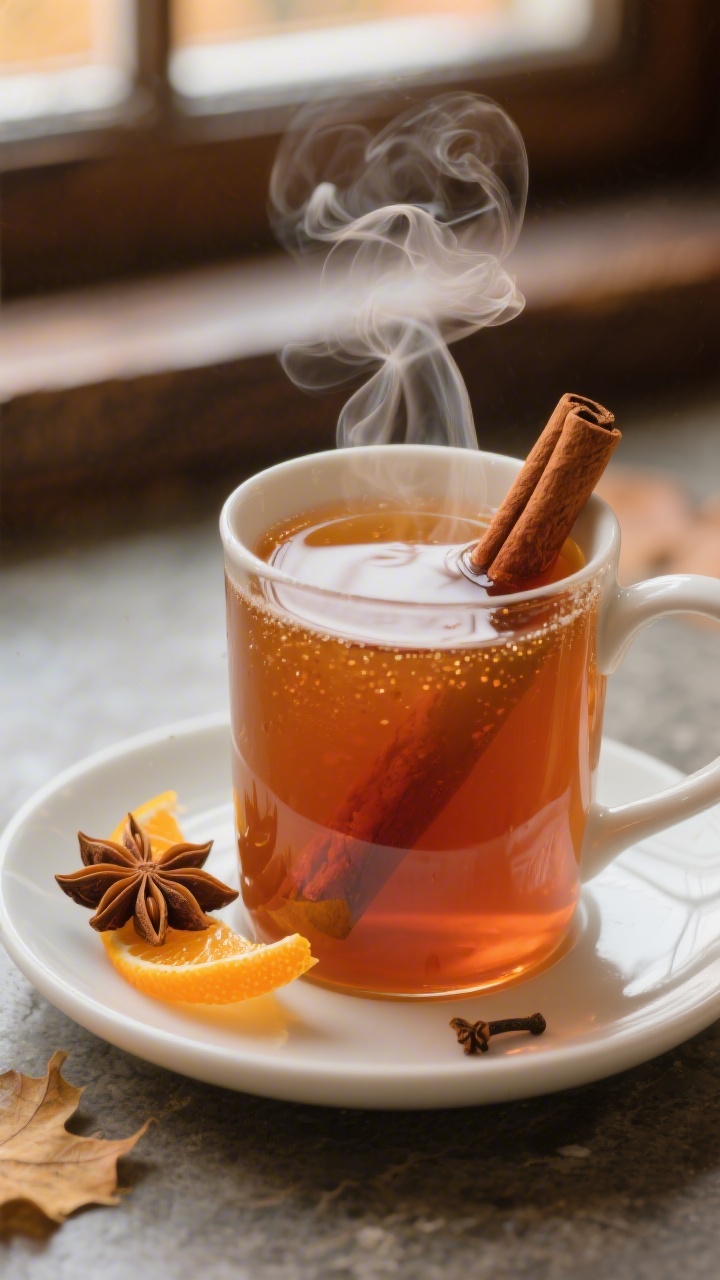 Close-up detail: A steaming mug of prepared Fireball apple cider just after warming, cinnamon stick 