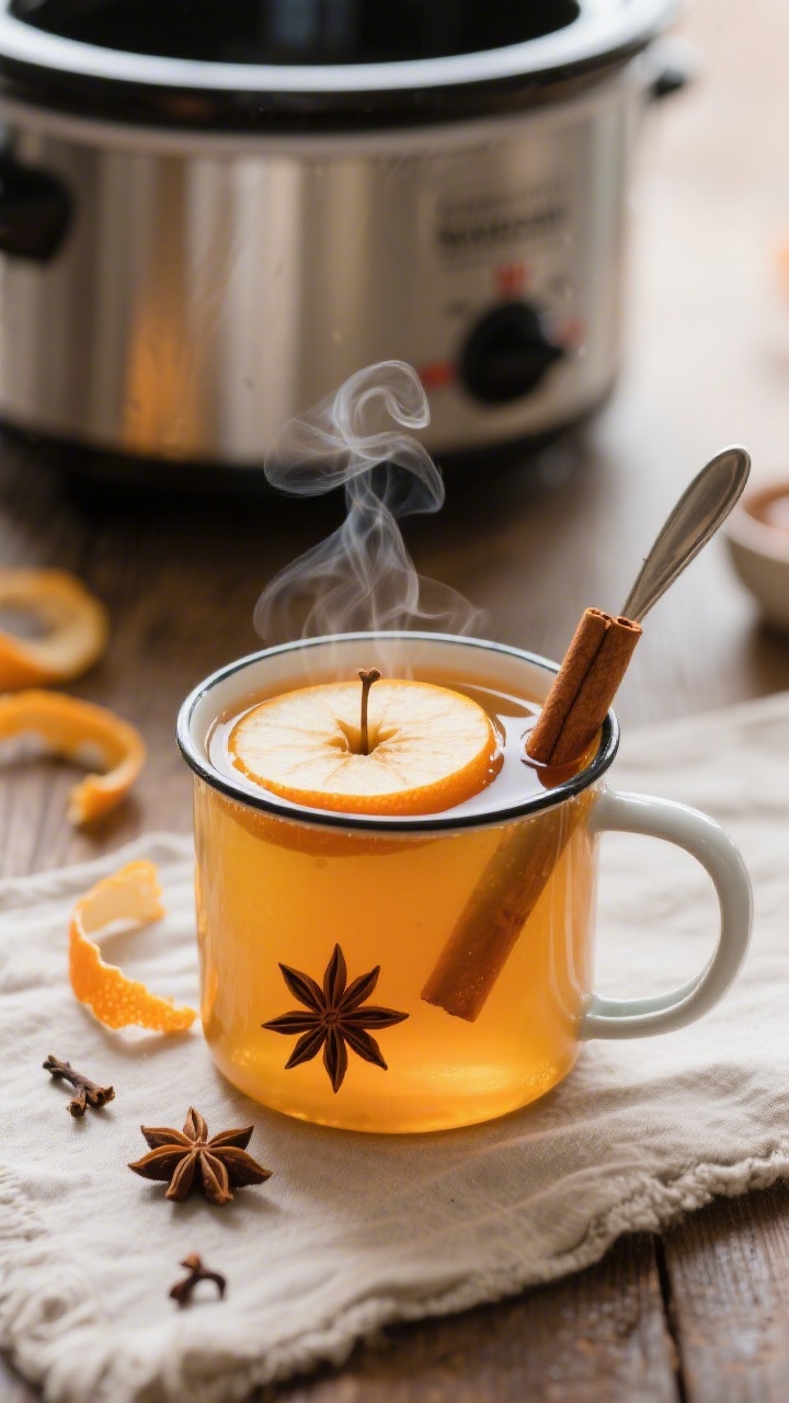 Close-up detail: A steaming mug of slow cooker spiked apple cider, shot at a 45-degree angle with . 